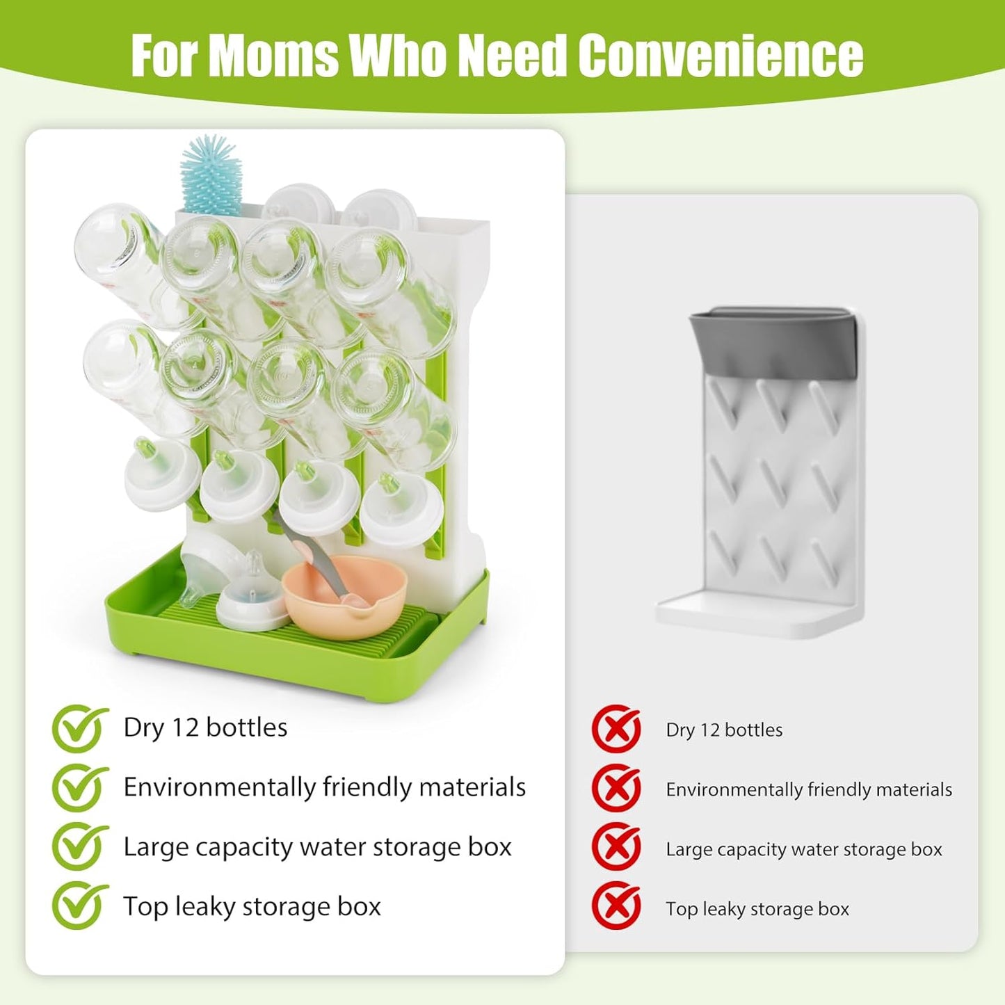 Baby Bottle Drying Rack, 2PCS Space Saving Baby Bottle Organizer for Countertop, Vertical Bottle Dryer Holder with Brushes Holder, Large Bottle Storage Holder 12 Bottles & Baby Accessories