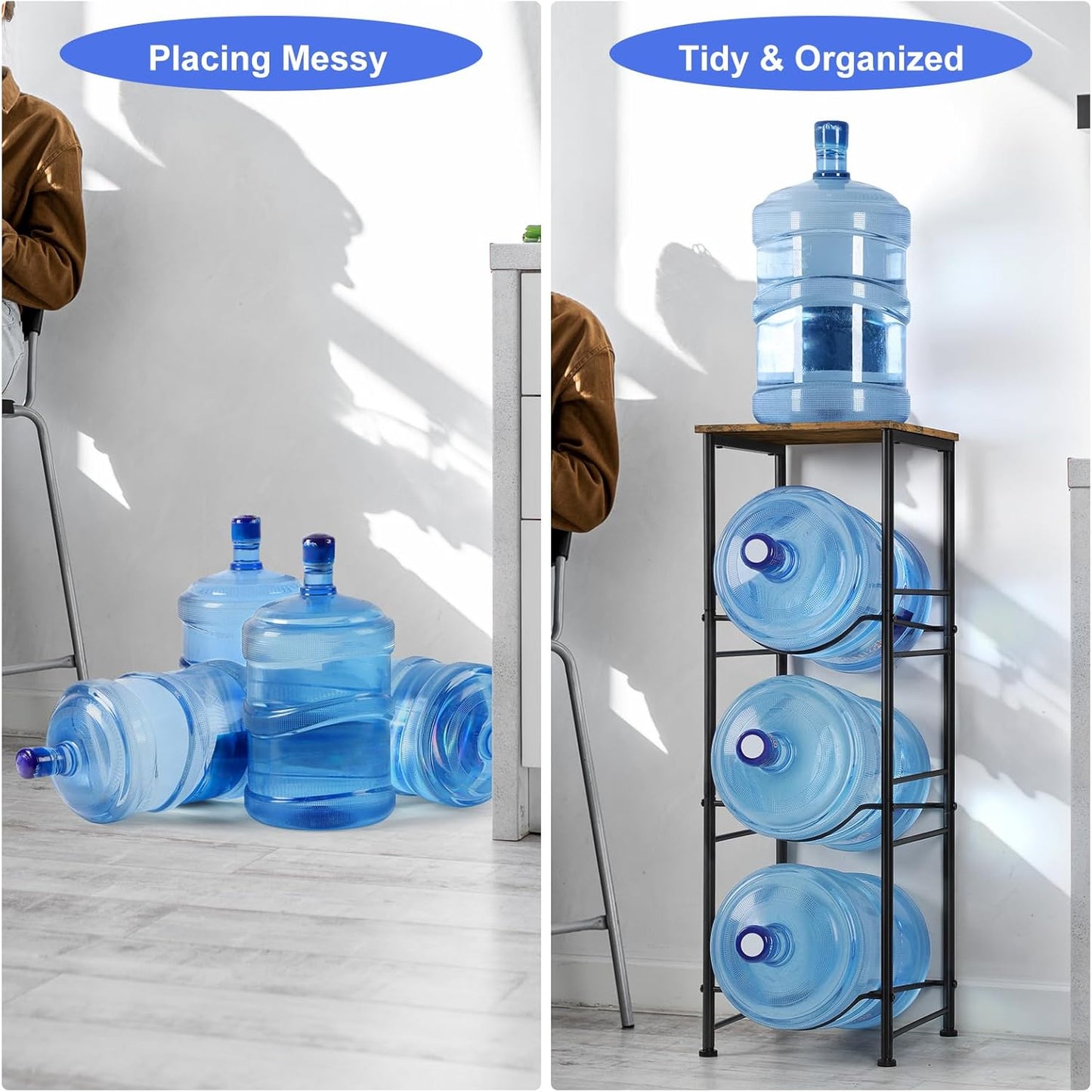 5 Gallon Water Bottle Jug Holder 3-Tier Water Bottle Holder Organizer with Top Shelf, Heavy Duty Water Dispenser Stand Rack for Kitchen Living Room Office, Rustic Brown