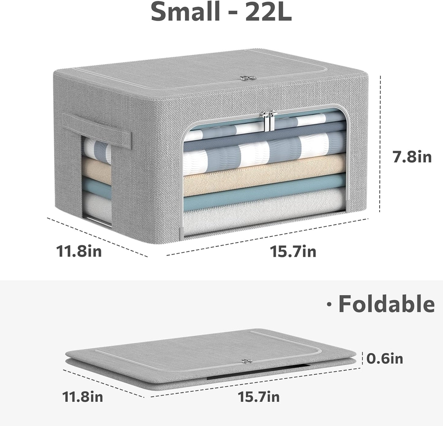 CYhom 3Pack Foldable Storage Bins - Frame Storage Box Linen Fabric Stackable Clothes Container Organizer with Clear Window & Carry Handles Large Capacity (Small-22L, Light Grey)