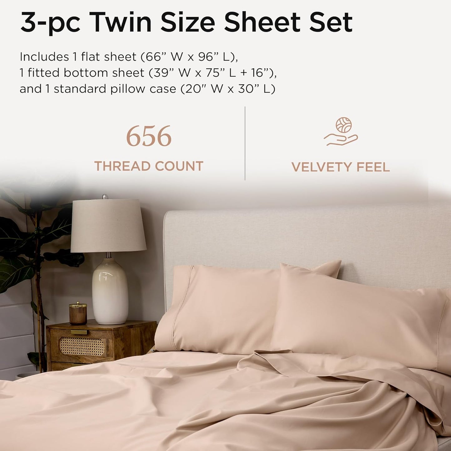 Threadmill Twin Sheet Set |656 Thread Count 100% Supima Cotton Sheets for Twin Mattress | Solid Sateen Twin Bed Sheets Set | 16” Deep Pocket | Soft Breathable 3-Piece Cooling Sheet Set | Beige Sheets