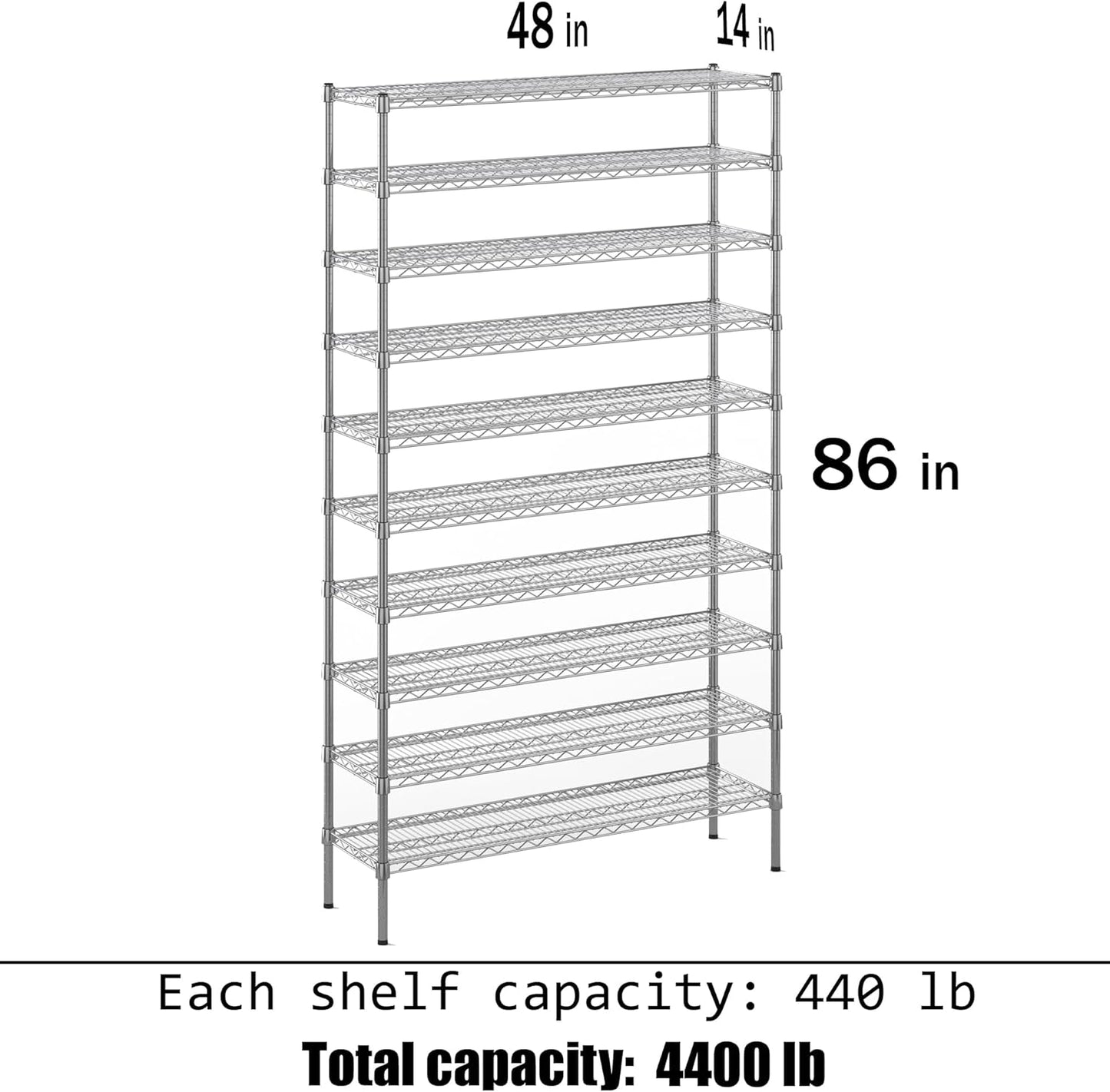14" Deep x 48" Wide x 86" Height Wire Shelving Kit | 10-Tier | NSF Commercial Storage Rack Unit