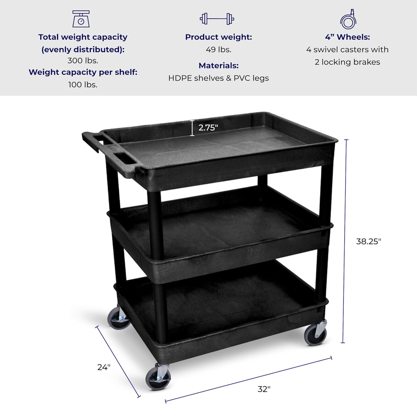 Stand Steady Tubstr Large 3 Shelf Utility Cart | Heavy Duty, Black HDPE & PVC, Holds Up to 300 lbs. | Storage & Rolling Tool Cart for School, Office, Garage & Warehouse