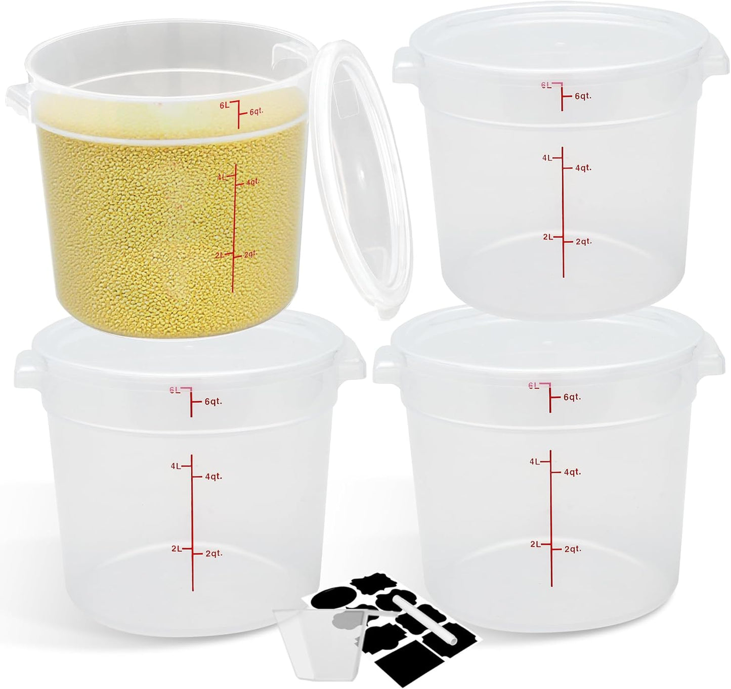 4 Pack Round Food Storage Containers with Lids, 6Qt Translucent Commercial Food Container, Polypropylene, BPA Free, Includes Labels & Measuring Cups