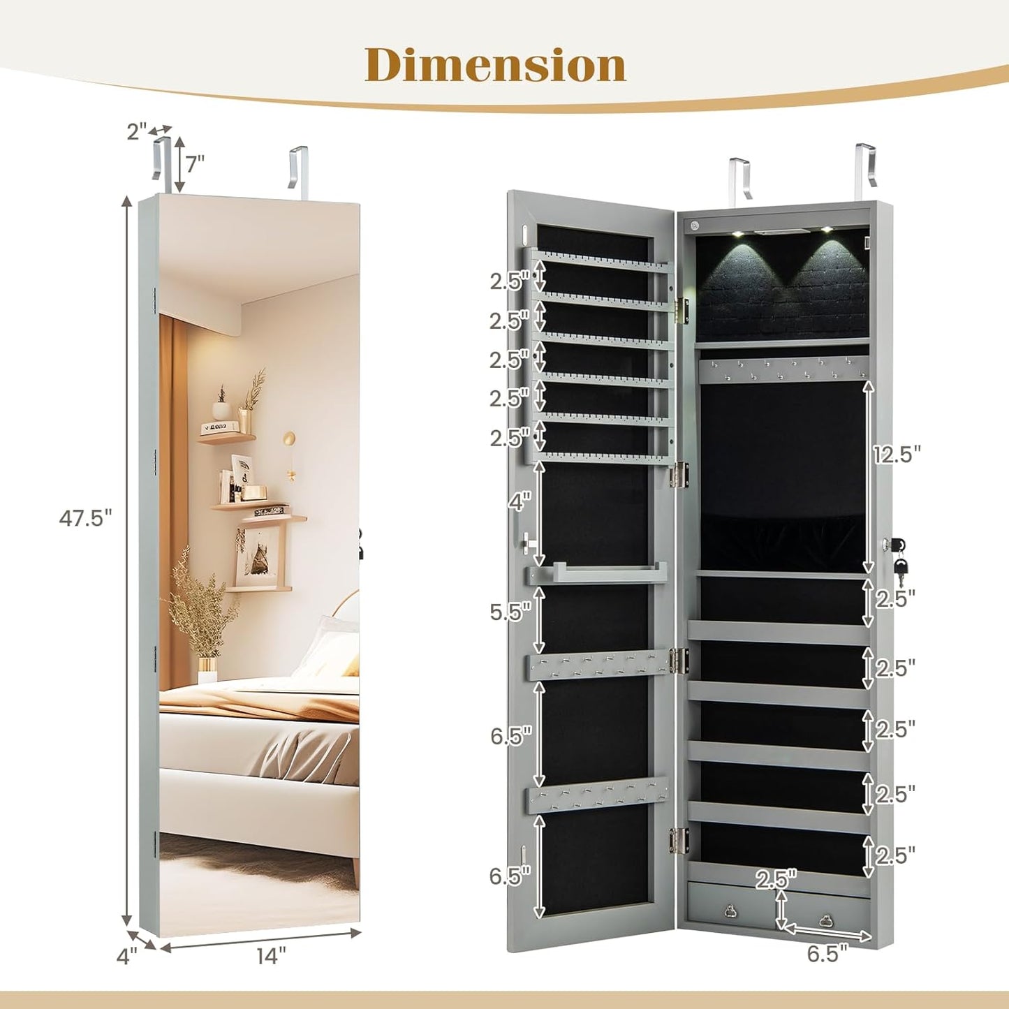 Giantex Wall or Door Mounted Jewelry Armoire with 47.5" Full Length Mirror, Lockable Cabinet with 2 LED Lights, 2 Drawers, Over the Door Large Jewelry Storage Organizer (Gray)