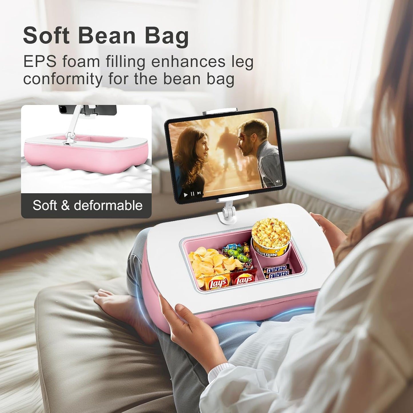 Lap Beanbag Tablet Pillow Stand with Snack Bowl and 360° Rotating Arm, Adjustable iPad Holder for Bed, Couch, and Recliner, Compatible with 4.7"-13" Kindle, iPad, Tablet, Phone,Pink