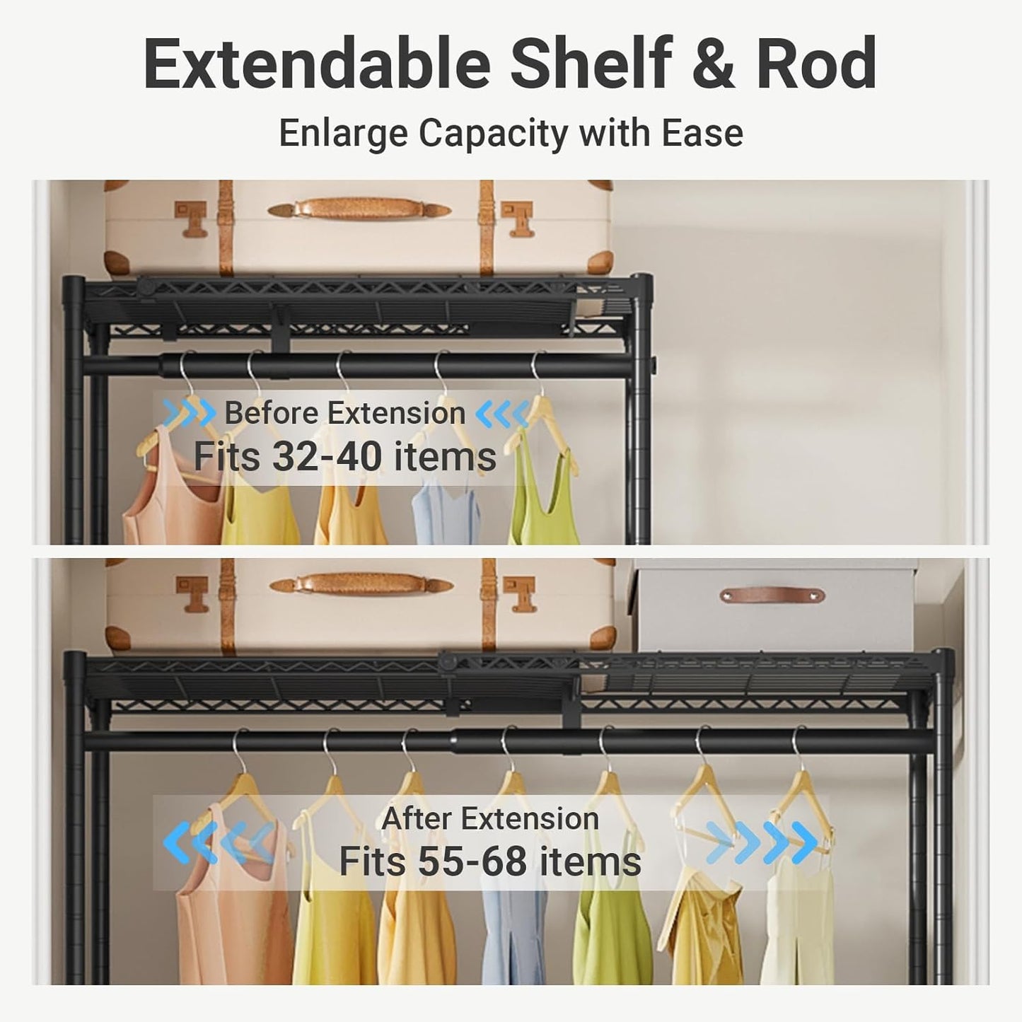 VIPEK X1 Plus Expandable Reach-in Closet Adjustable from 2'8" to 4'6" with Adjustable Shelves and Hanger Rods Clothes Rack Heavy Duty, Metal Clothing Racks Portable Walk-in Closet, Black