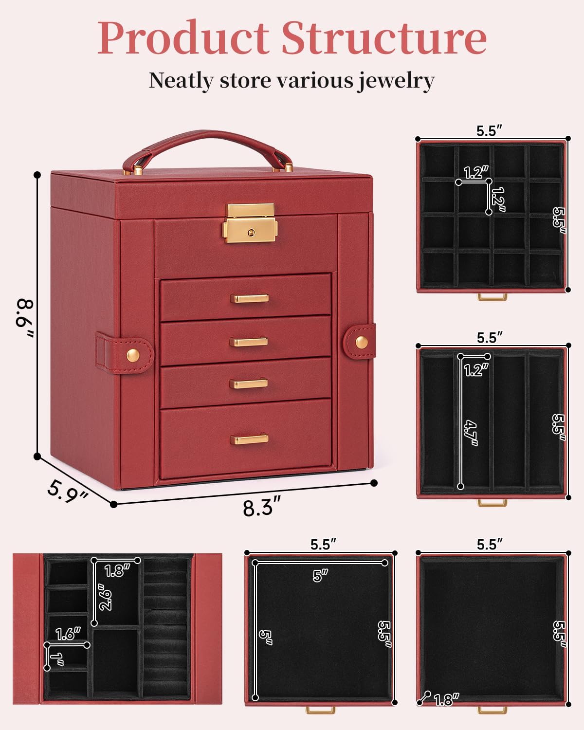 TORIBIO Jewelry Box for Women, Leather Jewelry Organizer with Mirror & Lock, 5-Tier Jewelry Storage Organizer with 4 Drawers for Girls/Women/Mothers, Necklace Earring Bracelets Holder Organizer