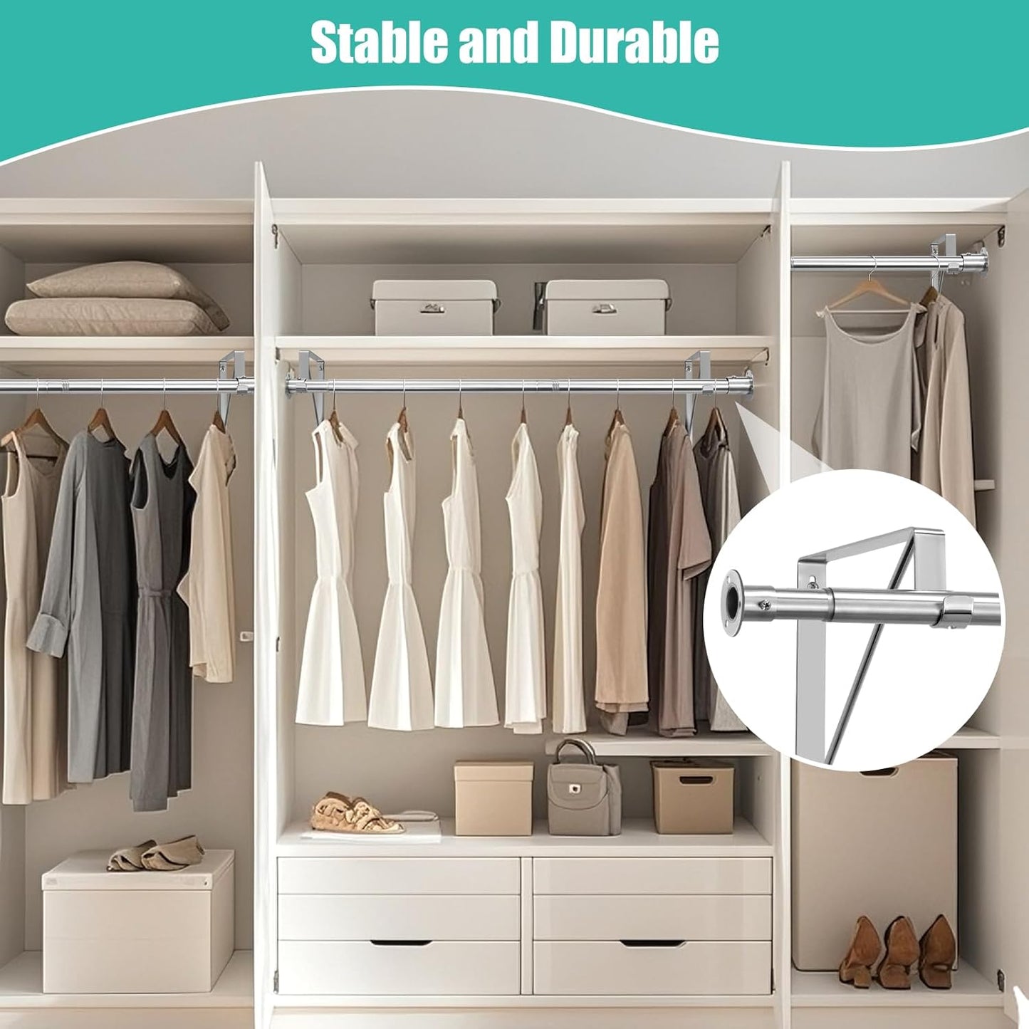 Closet Rod, 16 to 63 Inch Closet Rods Heavy Duty Adjustable Wardrobe Poles for Hanging Clothes and Heavy Duty Bracket Closet Pole Support (The Shelf NOT Included)(Silver)
