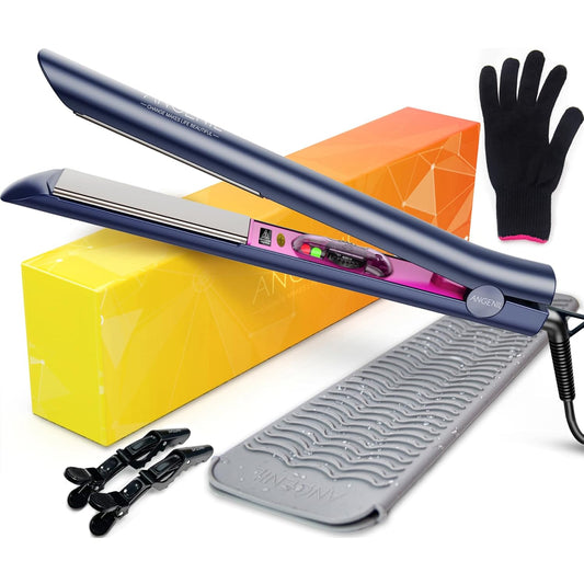 ANGENIL Professional Titanium Flat Iron 1 inch, Hair Straightener and Curler 2 in 1 with Adjustable Temp for All Hair Types, Anti-Static, Dual Voltage Travel Size with Silicone Resistant Mat Pouch