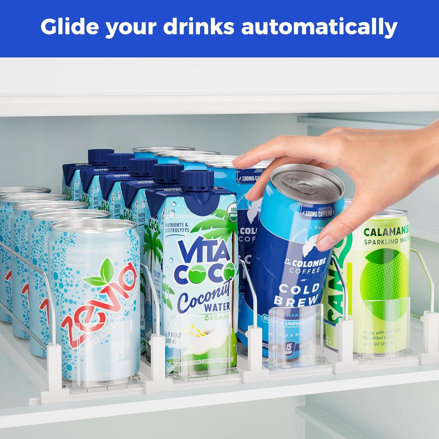 Puricon Drink Organizer for Fridge - Spring Loaded Pusher Glide, Self Pushing Soda Can Dispenser, Beer Bottle Beverage Holder for Refrigerator - 4 Rows, White