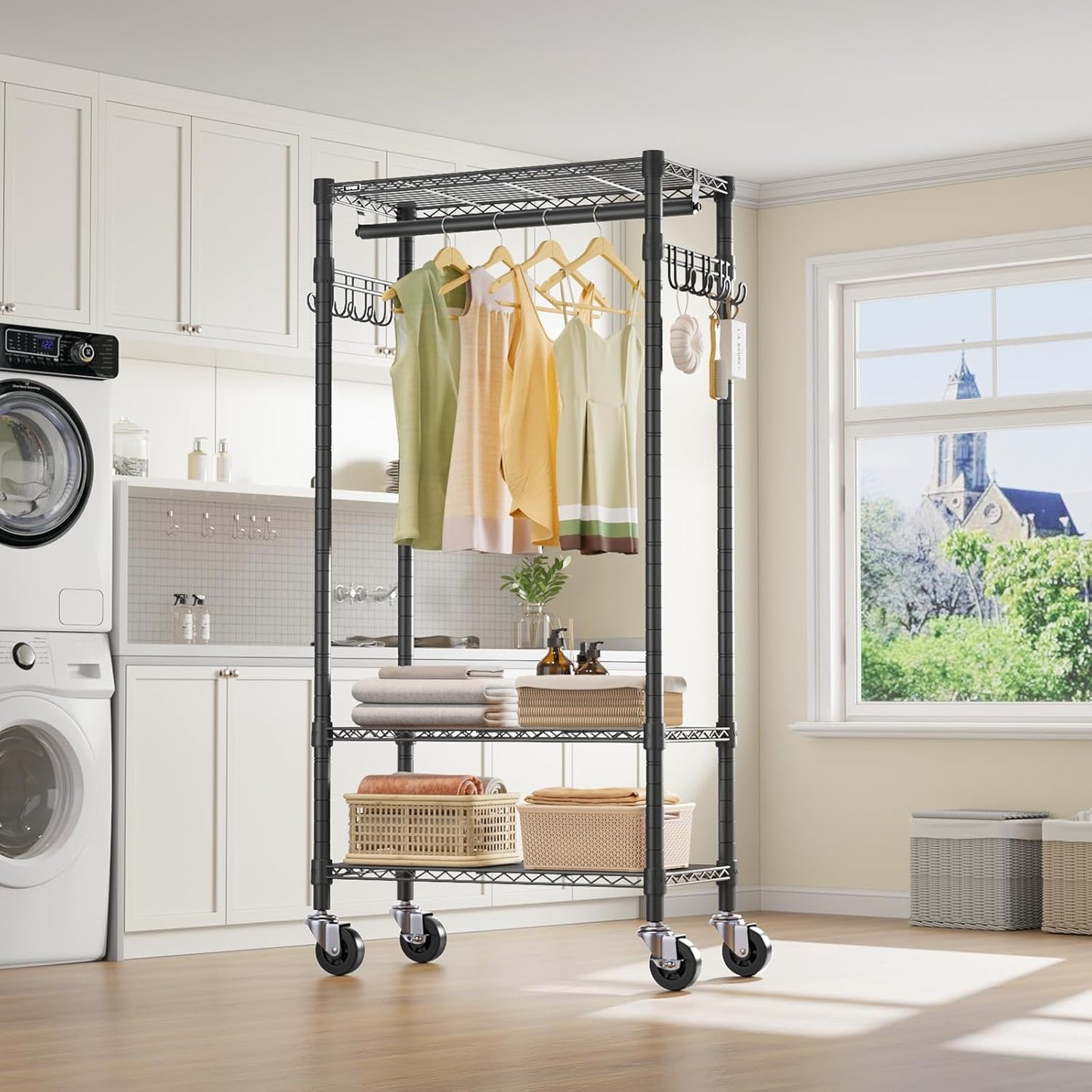 VIPEK R3 Medium Rolling Clothes Racks with Lockable Wheels, Heavy Duty Garment Rack with Adjustable Shelves & Hanging Rod & Side Hooks, Compact Space-Saving Storage for Small Apartments/Dorms (Black)