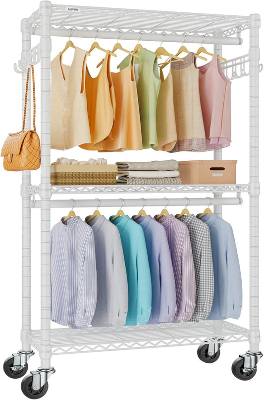 VIPEK R2 Medium Heavy Duty Clothes Rack Rolling Clothing Rack Adjustable Metal Wire Shelving Portable Closets with Double Hanging Rods, Side Hooks, Freestanding Closet Racks Wardrobe, White