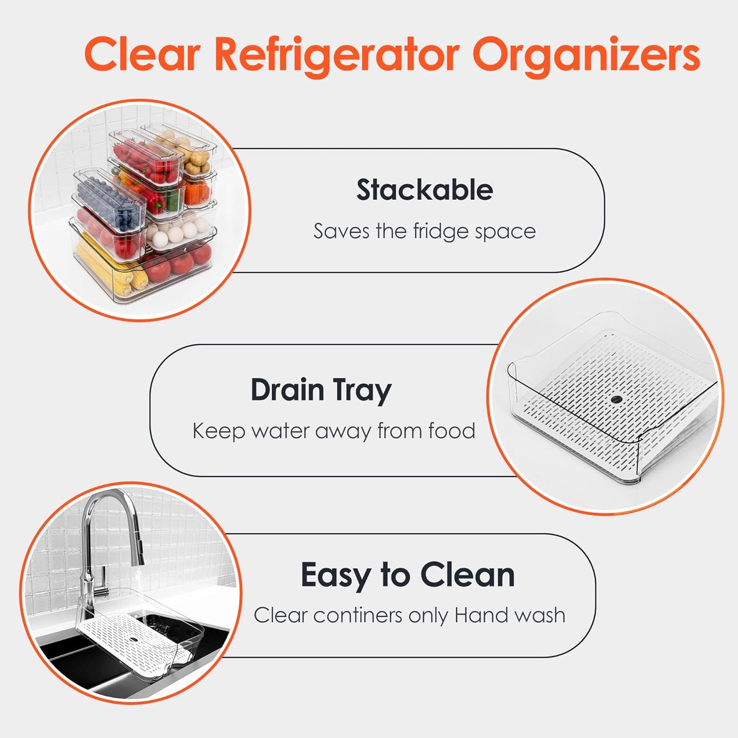 Fridge Organizers and Storage, 8 Pack Clear Freezer Organizer Bins with Lids for Kitchen, Pantry, Refrigerator, Food, Fruit, Vegetable Storage (8 Bins Include A Pull-out Drawer)