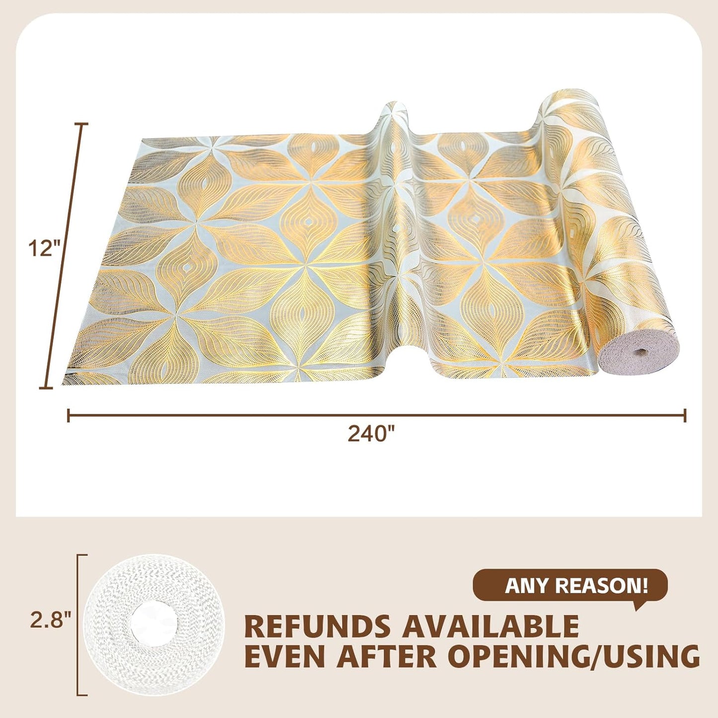 Drawer and Shelf Liner for Kitchen Cabinet,Non-Adhesive Waterproof Drawer Liner for Dresser & Bathroom Vanities with Adhesive Dots & Cutting Tool(24 in X 20 Ft Gold Leaf Pattern)