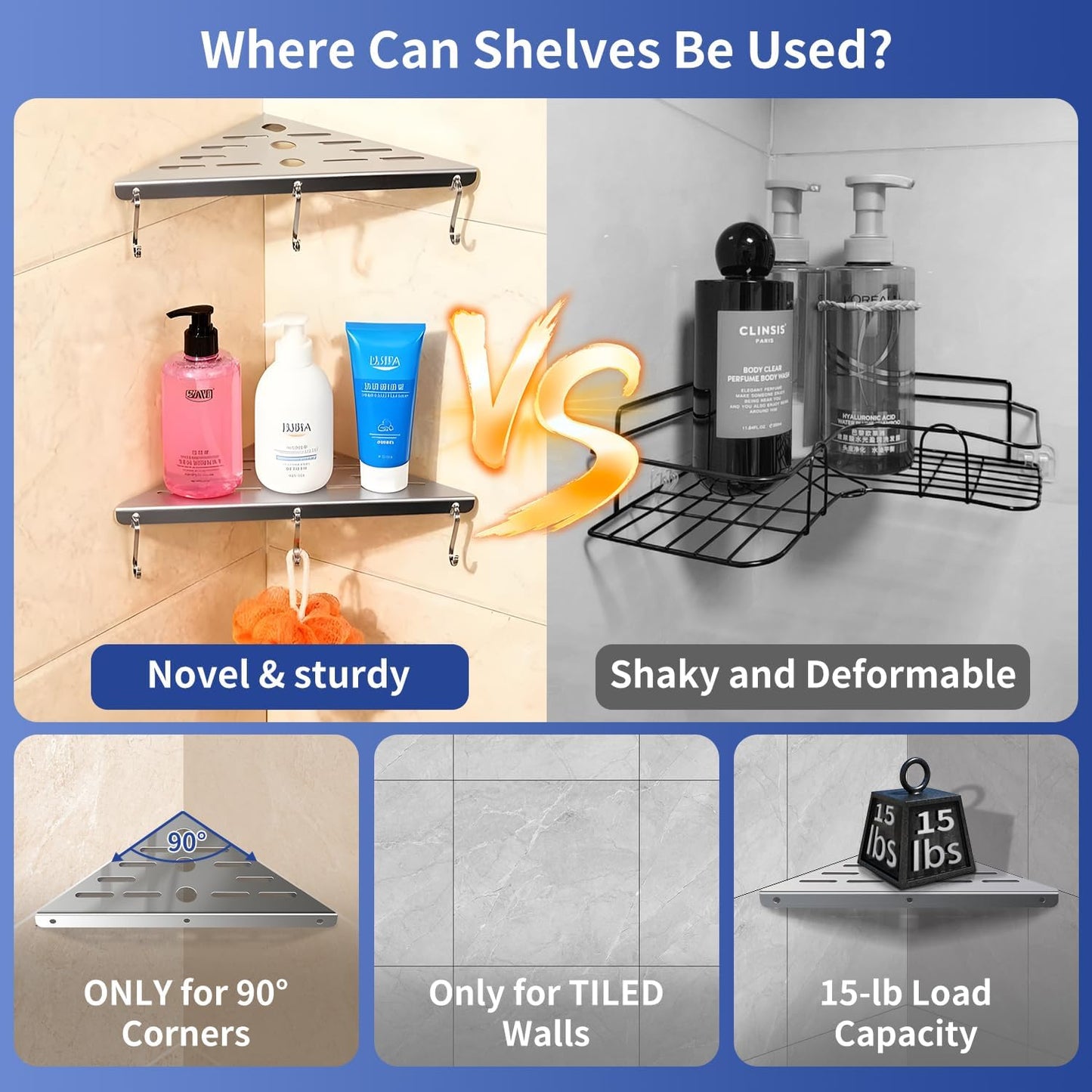 Shower Corner Shelf 304 Stainless Steel Shower Caddy 2 Tier Shower Organizer Niche Extra 6 Hangers Shelves 40 lbs Large Capacity Bathroom Storage for Inside Anti-Rust Drilling Installation(Silver)