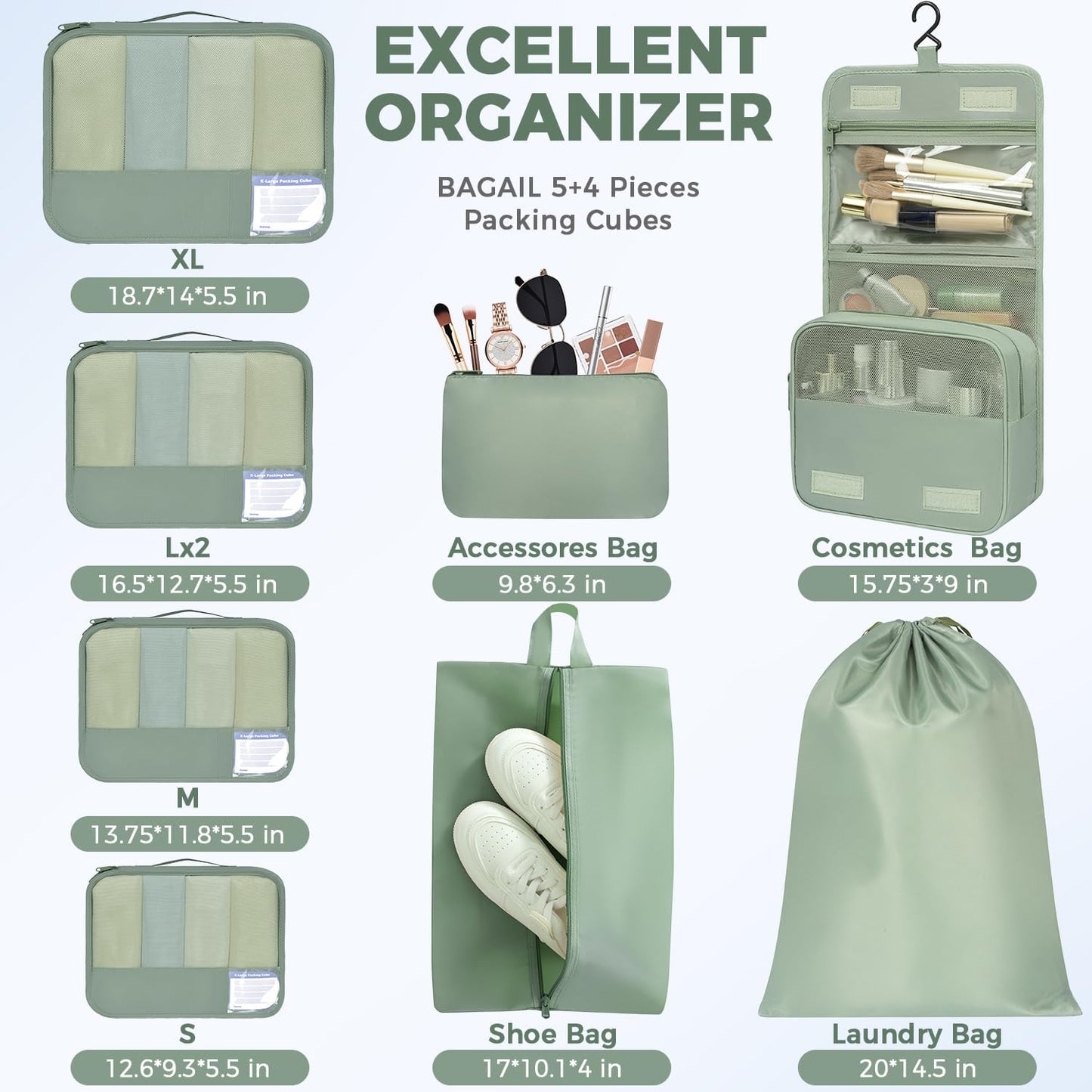 BAGAIL 9 Set Packing Cubes Luggage Packing Organizers for Travel Accessories