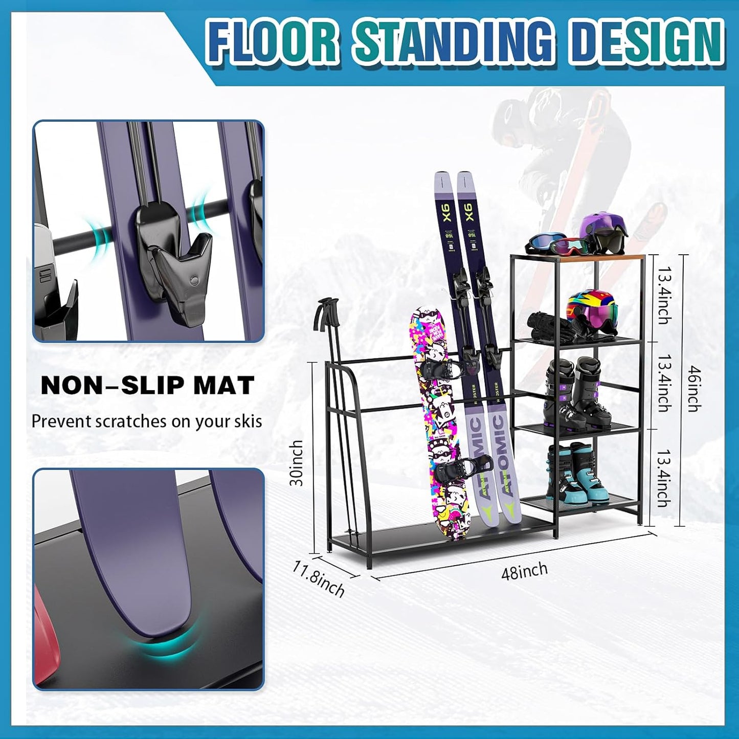 Ski-Snowboard Storage Rack Holder - Freestanding Ski Equipment Organizer Snowboard Boot Stand Garage Gear Storage