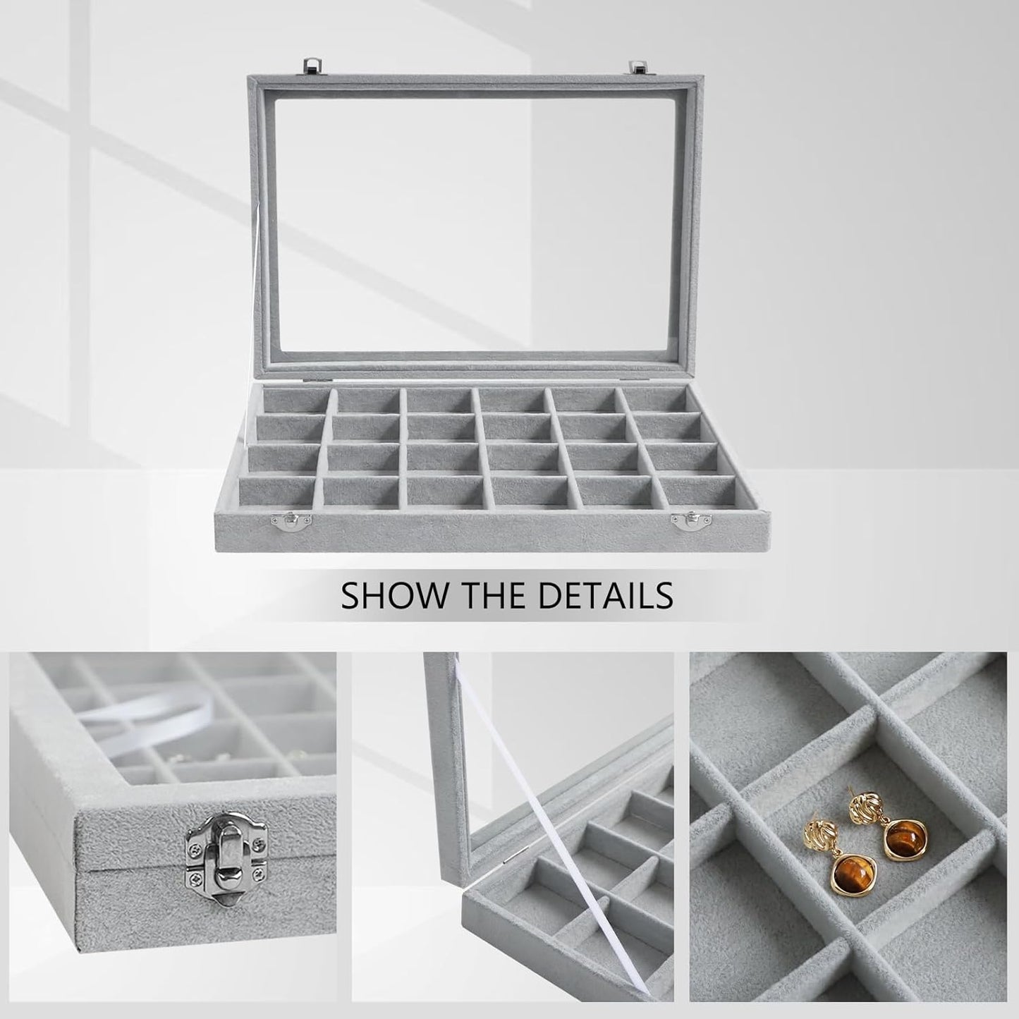 Wudygirl Jewelry Organizer Velvet Jewelry Tray 24 Grid Jewelry Box Earring Holder Organizer Removable Display Case Organizer Glass Top Lid & Lock (24 Grid)