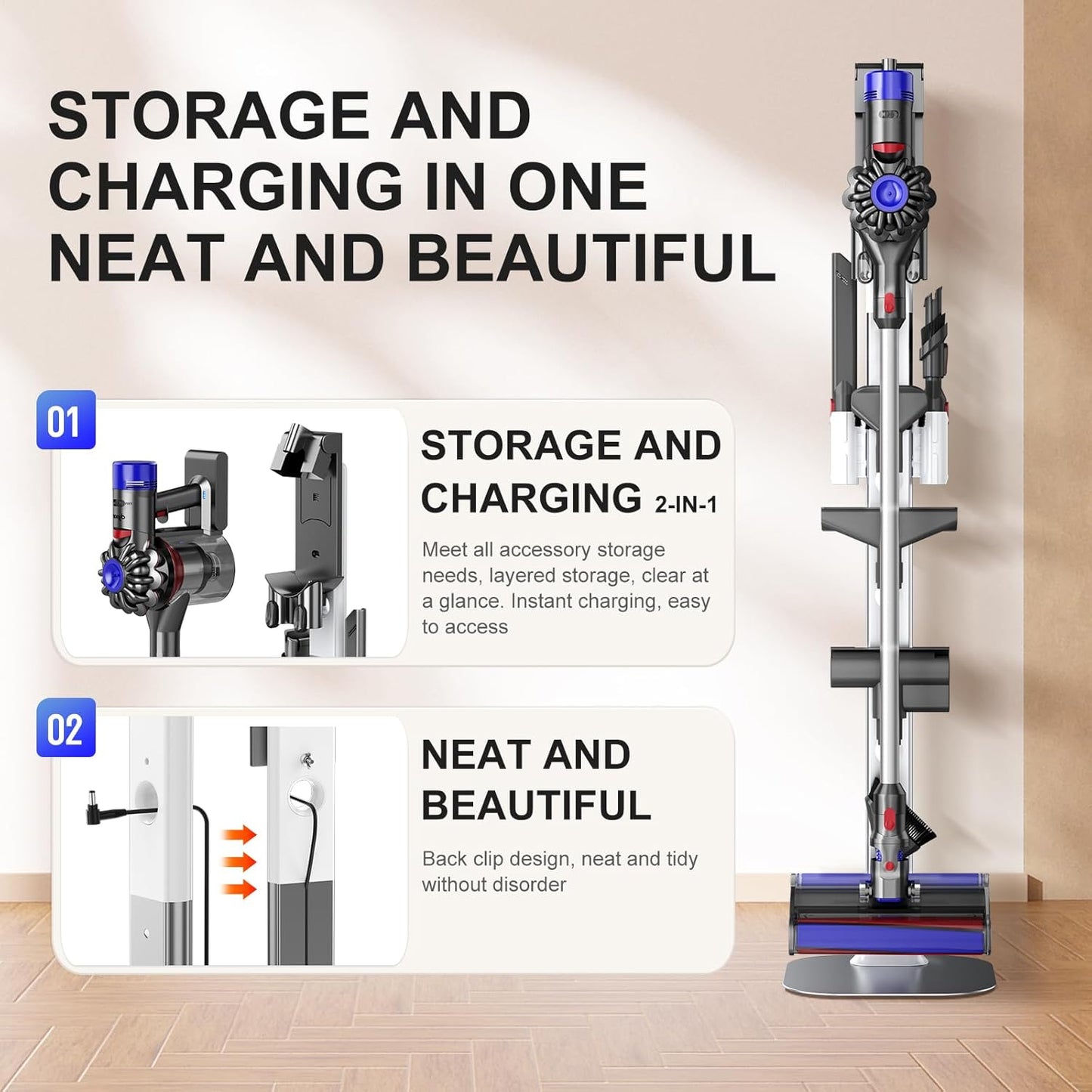 Vacuum Stand Compatible for Dyson V15 V12 V11 V10 V8 V7 V6, Bracket Made of Aviation Aluminum Alloy Material Compatible with All Handheld Cordless Vacuum Cleaners, with A Hidden Power Cord Design