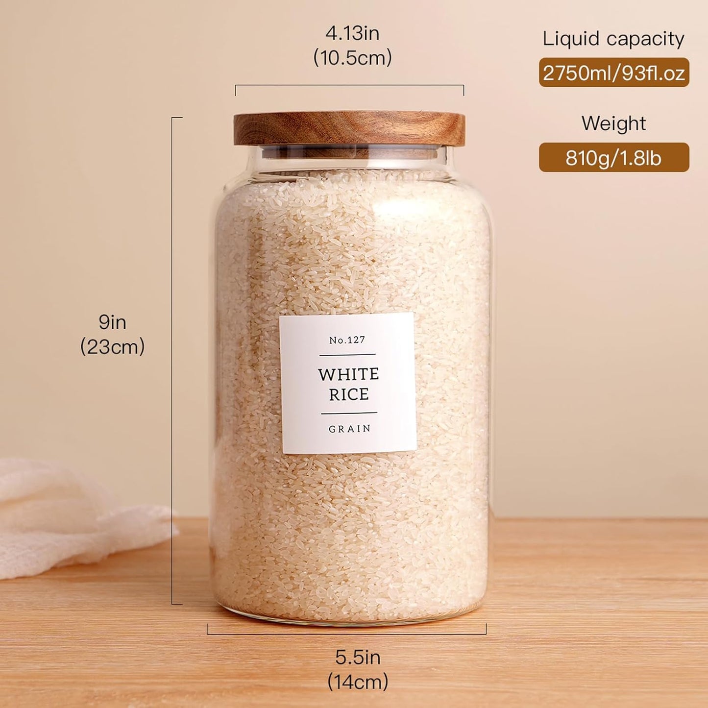 Set of 2 Large Glass Jar with Airtight Acacia Lid and 132 Kitchen Pantry Labels, Clear Glass Food Storage Jars Containers for Rice Flour Pasta Sugar Coffee Cookie and More(98 Fl Oz/2800 Ml)