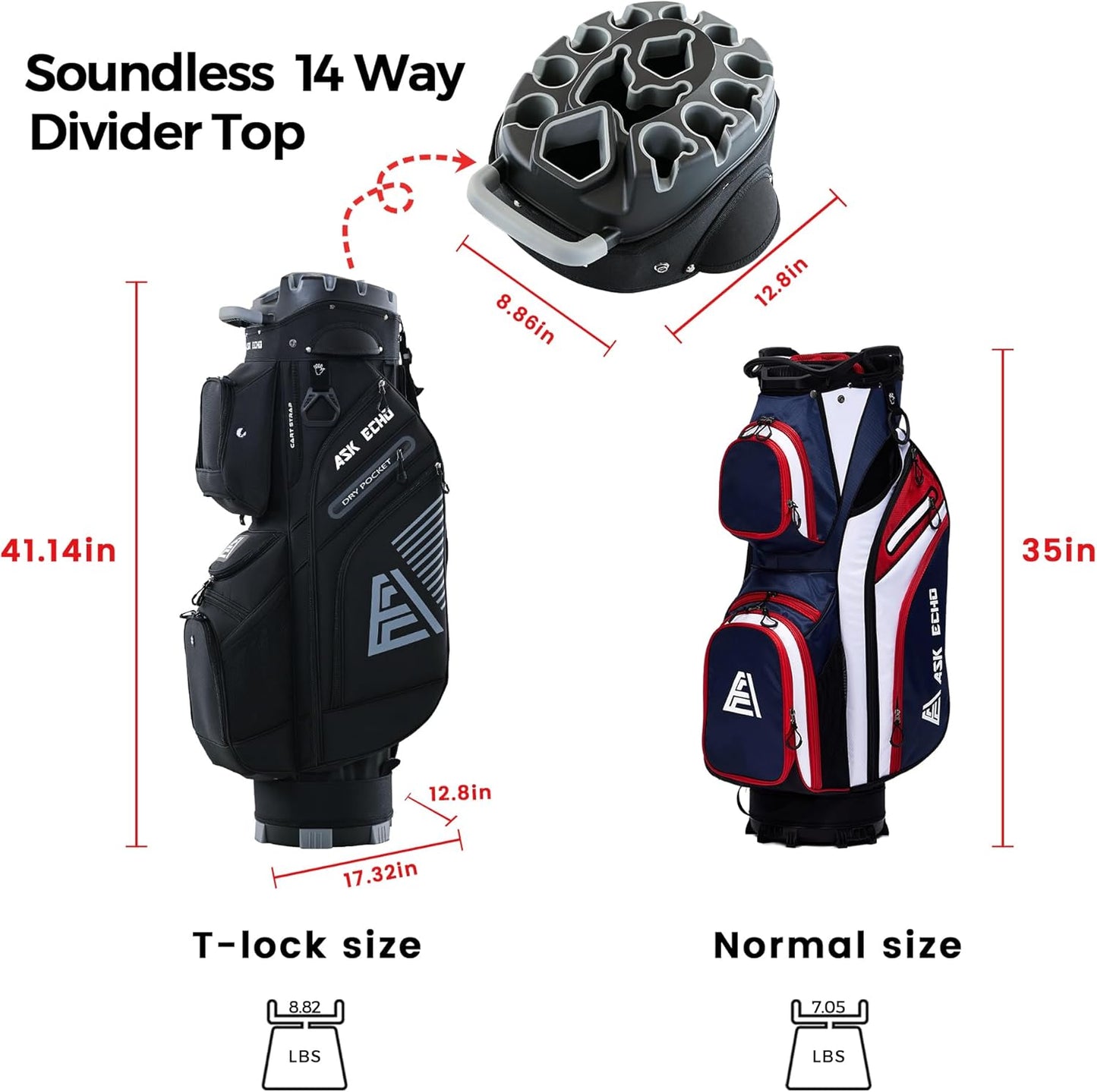 ASK ECHO 2024 T-Lock Golf Cart Bag with 14 Way Organizer Divider Top, Premium Cart Bag with Handles and Rain Cover, for Men