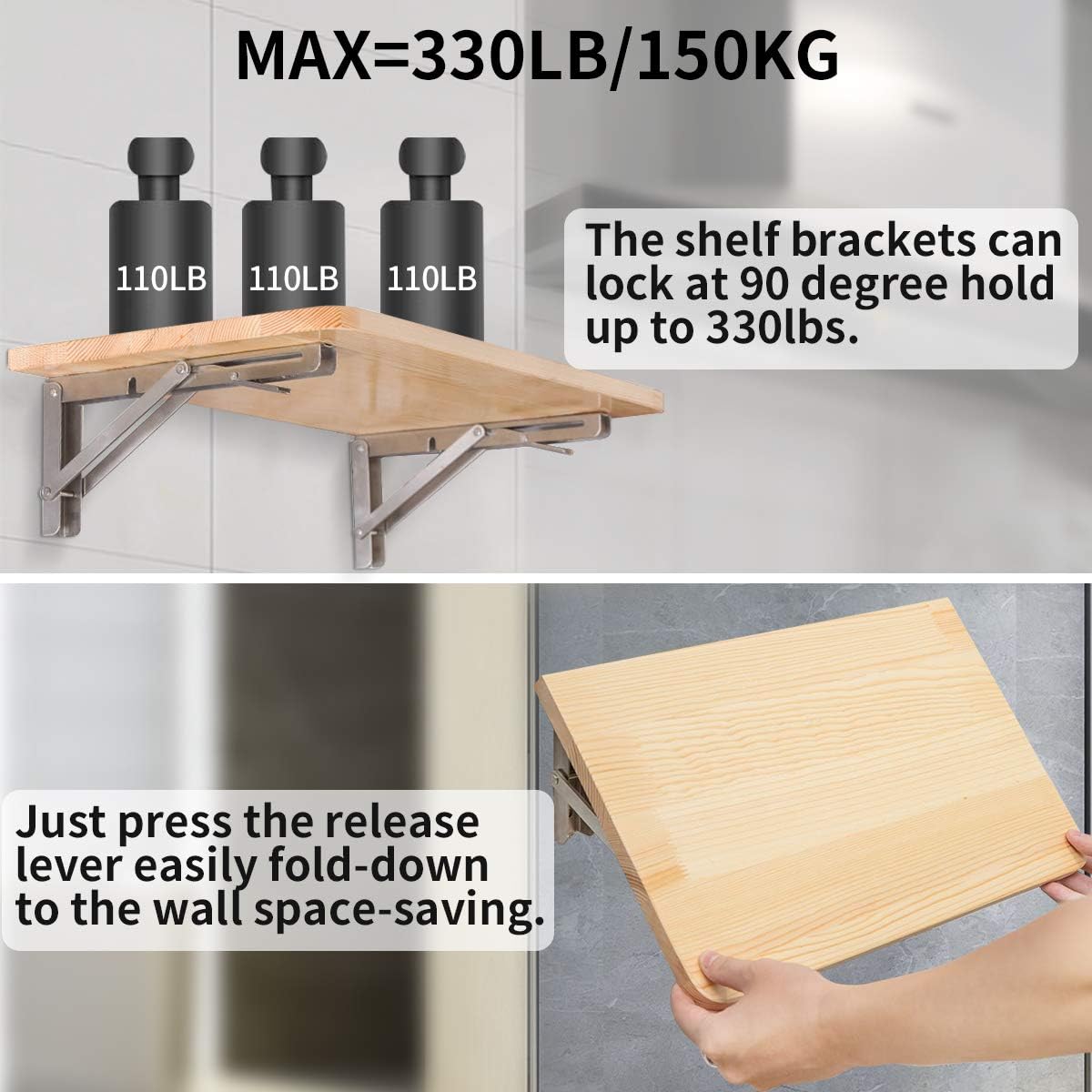 YUMORE Folding Shelf Brackets 16 Inch, Max Load: 330lb Heavy Duty Stainless Steel Collapsible Shelf Bracket for Table Work Bench, Space Saving DIY Bracket, Pack of 2