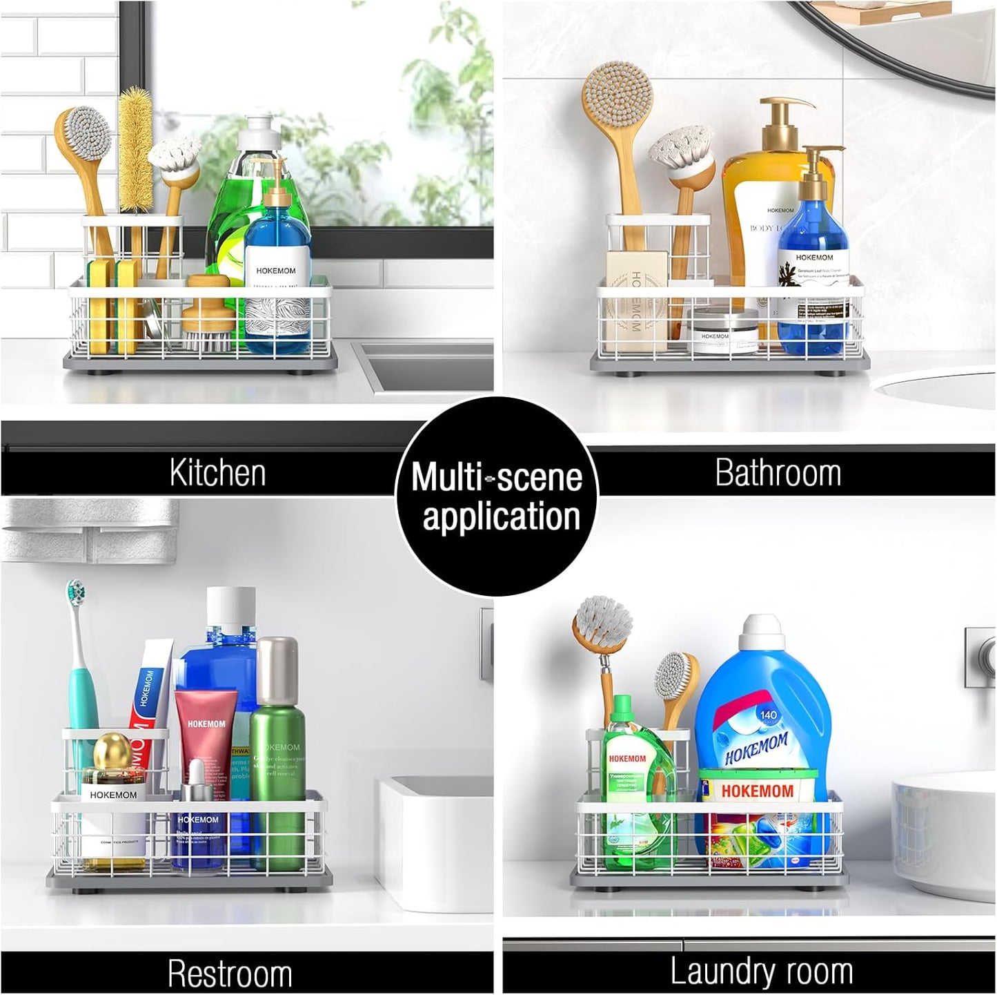 Large Family-Sized Sponge Holder for Kitchen Sink with Brush Holder - Drain-Free Non-Slip Base, 2.6mm Stainless Steel with White Rust-Resistant Coating-10.24"L x 6.5"W x 5.83"H Sink Organizer