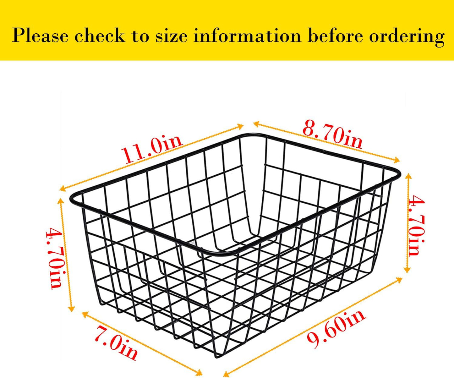Kitchen Wire Baskets Farmhouse Decor Metal Food Storage Organizer, Household Refrigerator Bin with Built-in Handles for Cabinets,Pantry Set of 4 (Black)