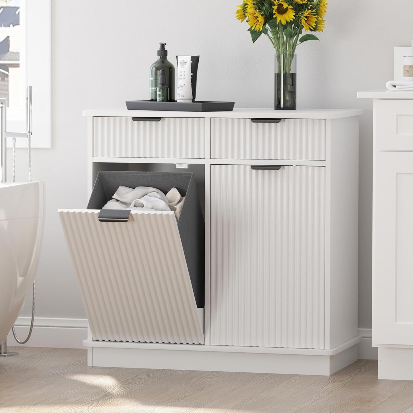 White Double Tilt Out Laundry Hamper Cabinet Laundry Basket Cabinet Hidden Laundry Hamper with 2 Drawers & 2 Baskets for Bathroom Bedroom,30x30x16in