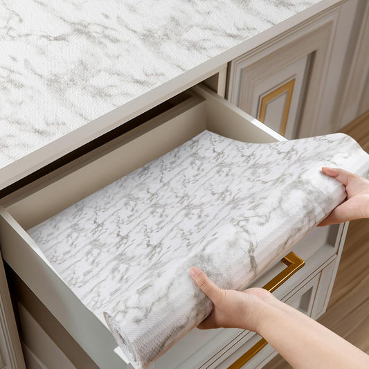 Shelf and Drawer Liner for Kitchen Cabinets Non-Adhesive, Strong Grip Non-Slip Thickened Cabinet Liners for Shelves, Waterproof Mats for Dresser Cupboard, Marble, 24 in x 10 Feet
