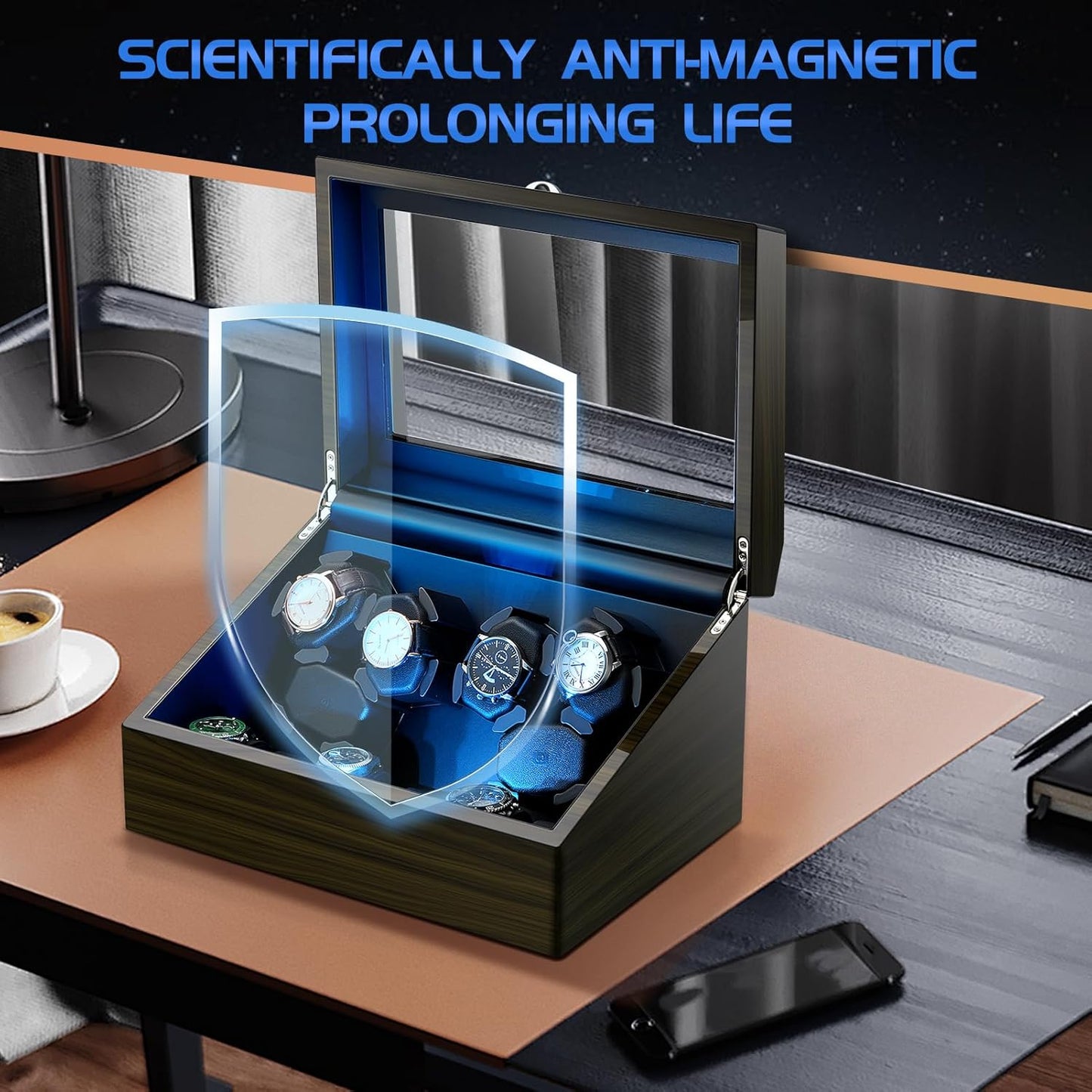 Watch Winder for Automatic Watches,Ultra Quiet Motor,4 Automatic Watches and 6 Extra Watch Storage Spaces, PU Leather Crocodile Styling