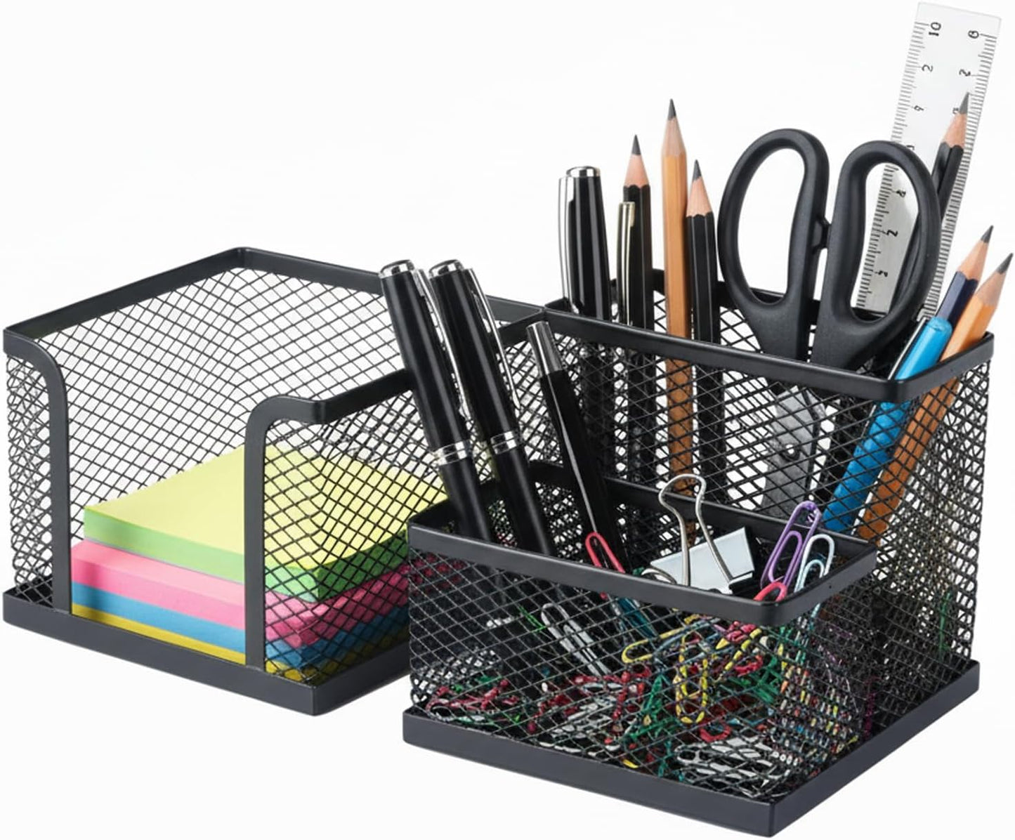 Pencil Holder for Desk, Dual-Compartment Mesh Desk Organizer Set, 2-Piece Set Black Pen Storage Holder & Post It Organizer for Home Office Desk Supplies