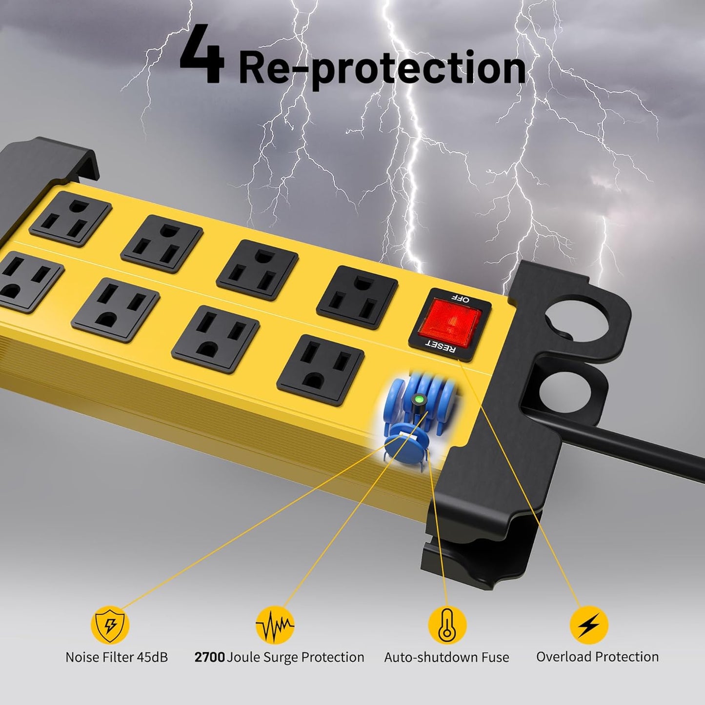 8 Outlet Heavy Duty Power Strip, 2700J Surge Protector with 6FT Extension Cord, Industrial Metal Powerstrip 15Amp, Wall Mount for Garage Workshop Outdoor Home Office, Wide Spaced (6ft)