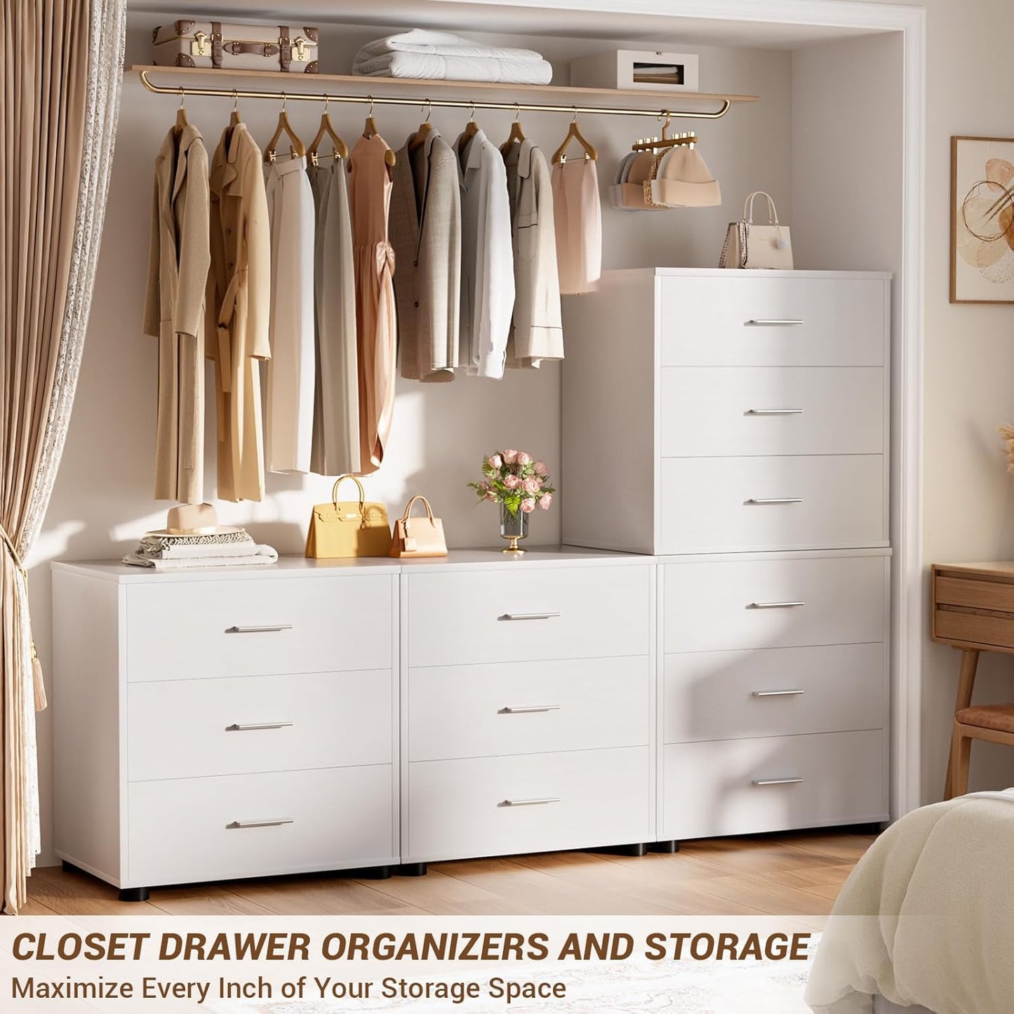 Aheaplus Closet Drawers Set of 2, Wood Closet Organizers and Storage with 3 Drawers, Closet Drawers Organizer System, Nightstands Bedside End Table with 3 Drawers Storage for Bedroom, White