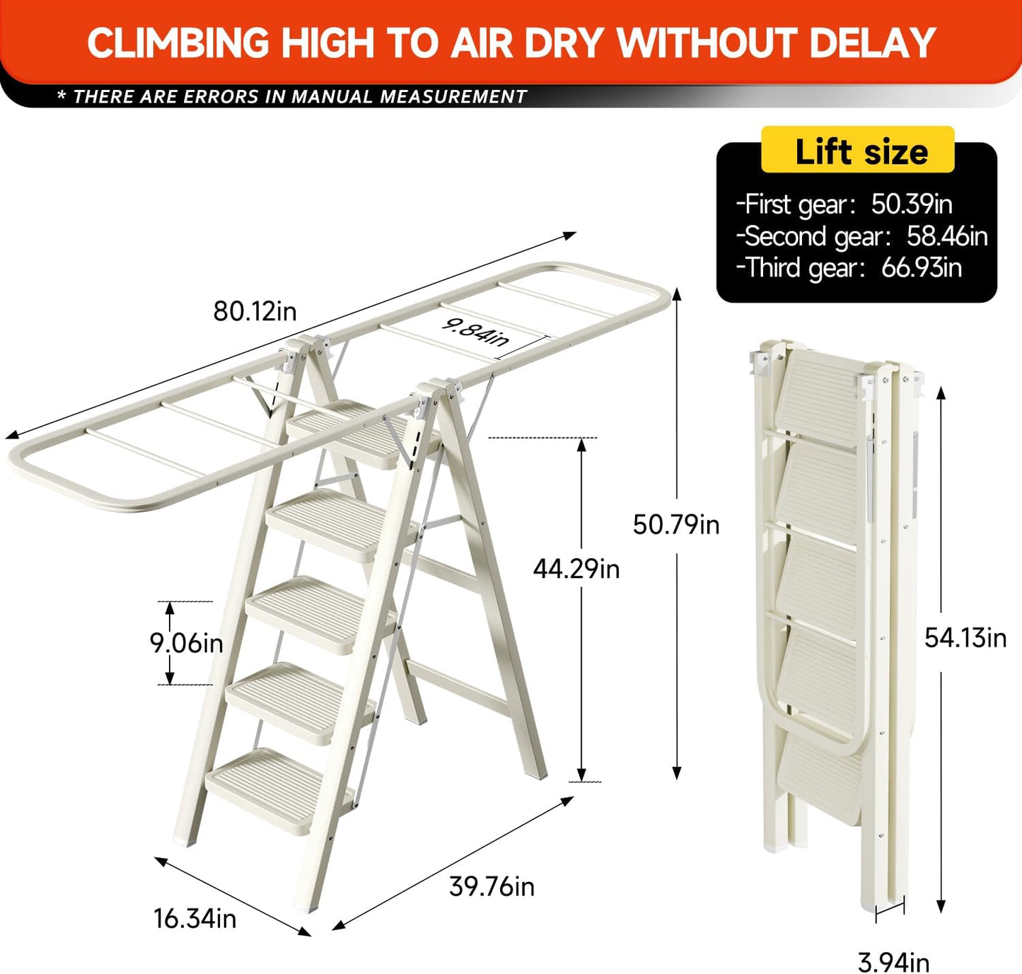 Multi-Functional 5 Step Ladder Used as Clothes Drying Rack,Sturdy Carbon Steel Ladder,Widened Pedal,Foldable & Portable Clothes Drying Rack, Space-Saving Design Indoor&Outdoor Drying (White)