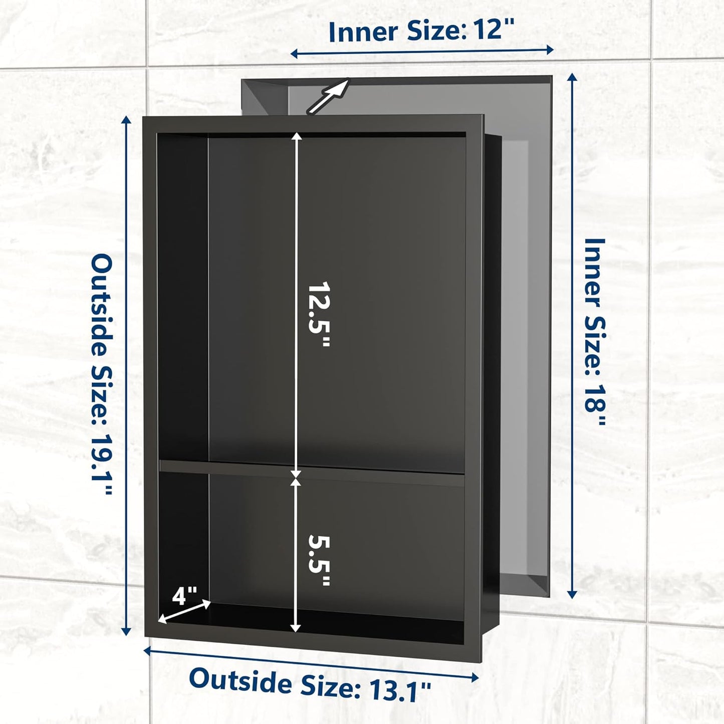 Stainless Steel Shower Niche 18" X 12", No Tile Needed Wall Niche Double Shelves, Recessed Shower Shelf for Bathroom Storage, Matte Black