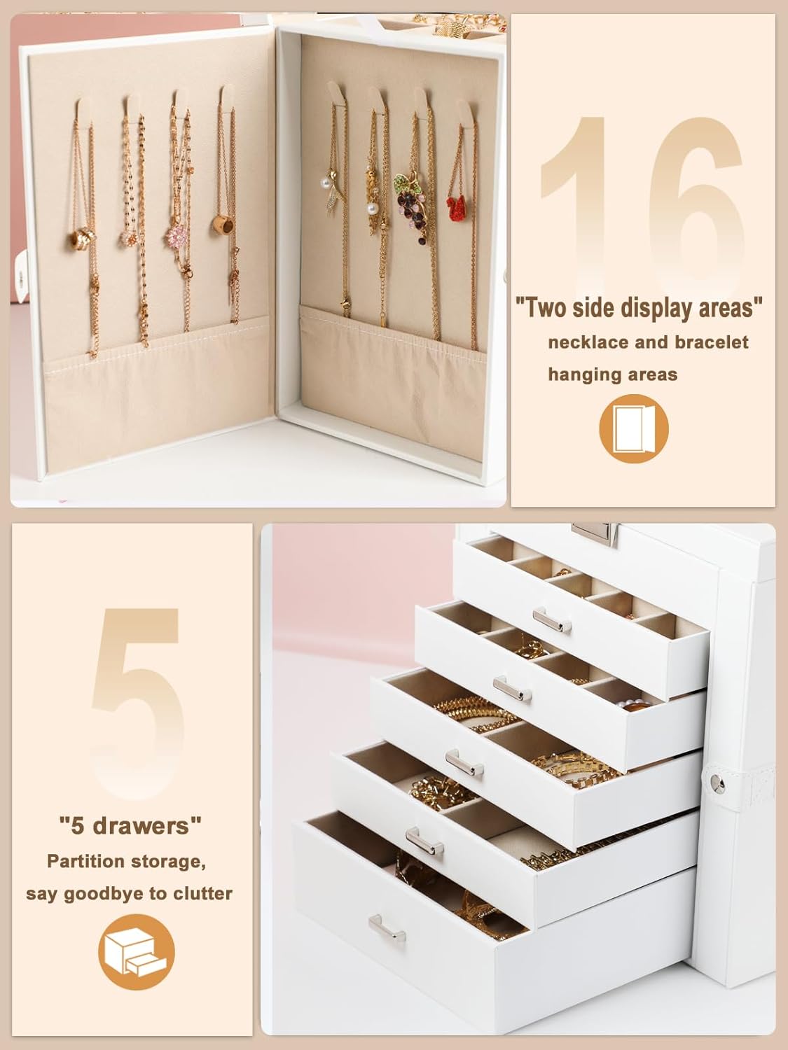 BOOVO Jewelry Box For women, 6 Layer Large Jewelry Organizer With Mirror, Multi-Function Storage Box With Lock, Necklace Holder With 5 Drawers, For Earrings Necklace Bracelet (Silver and White)