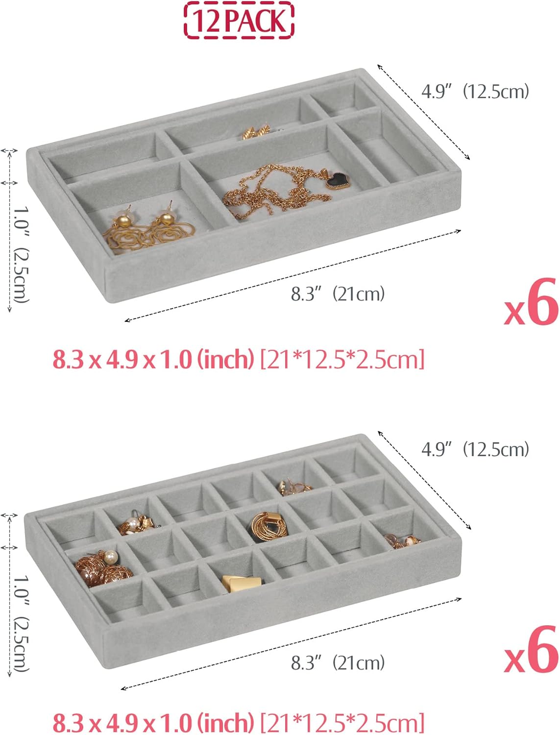DIOMMELL 12 Pack Stackable Velvet Jewelry Trays Organizer, Jewelry Storage Box Display Trays Showcase Holder Closet Dresser Drawer Organizer for Earring Necklace Bracelet Ring Accessary, Grey