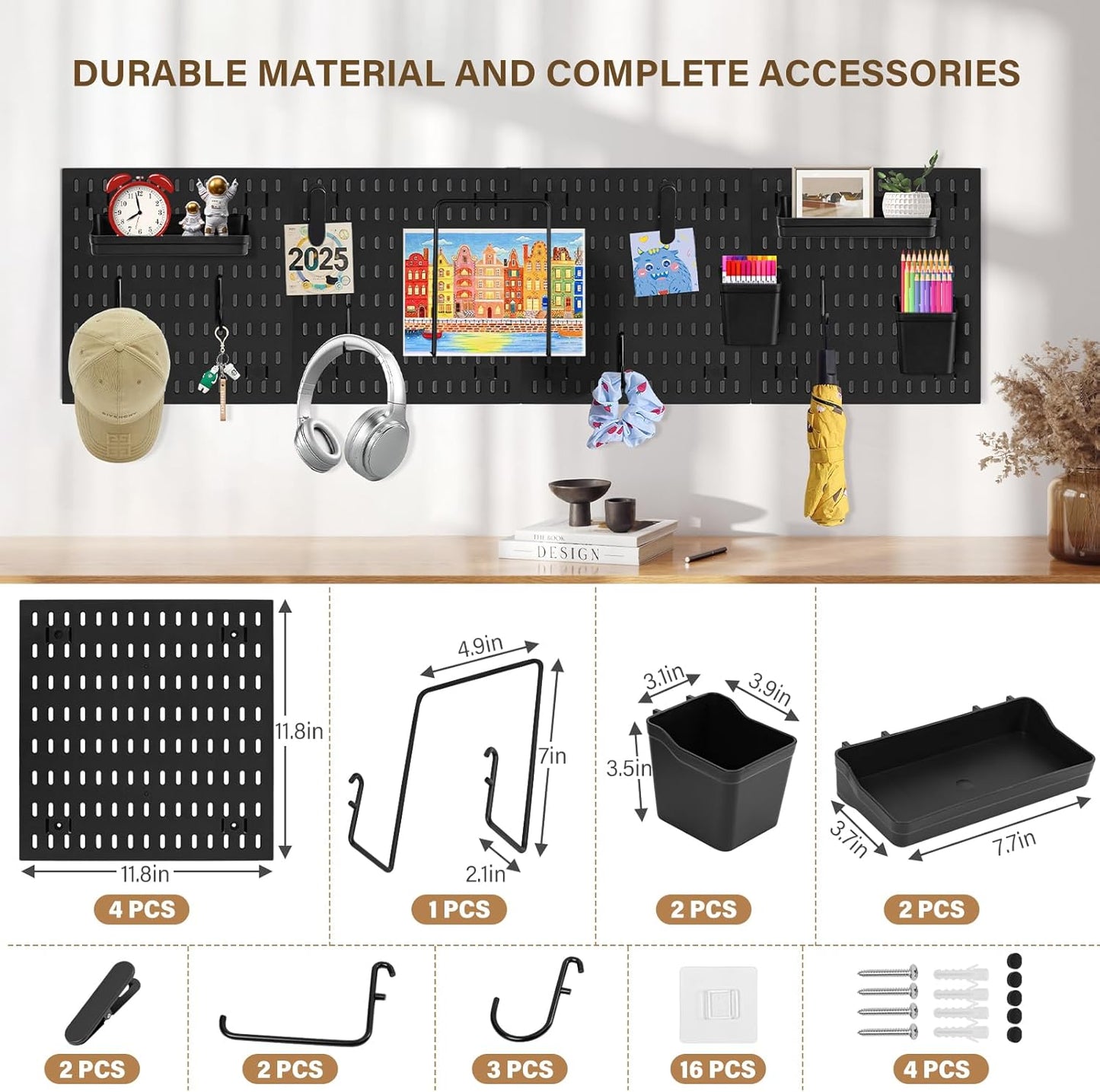 AKTOP Peg Board Wall Organizer 4-Pack – 12"x12" Black Pegboard Combination Kit with 13 Accessories for Wall, Plastic Peg Board Panels for Home, Office, Garage Tool Storage & Craft Room