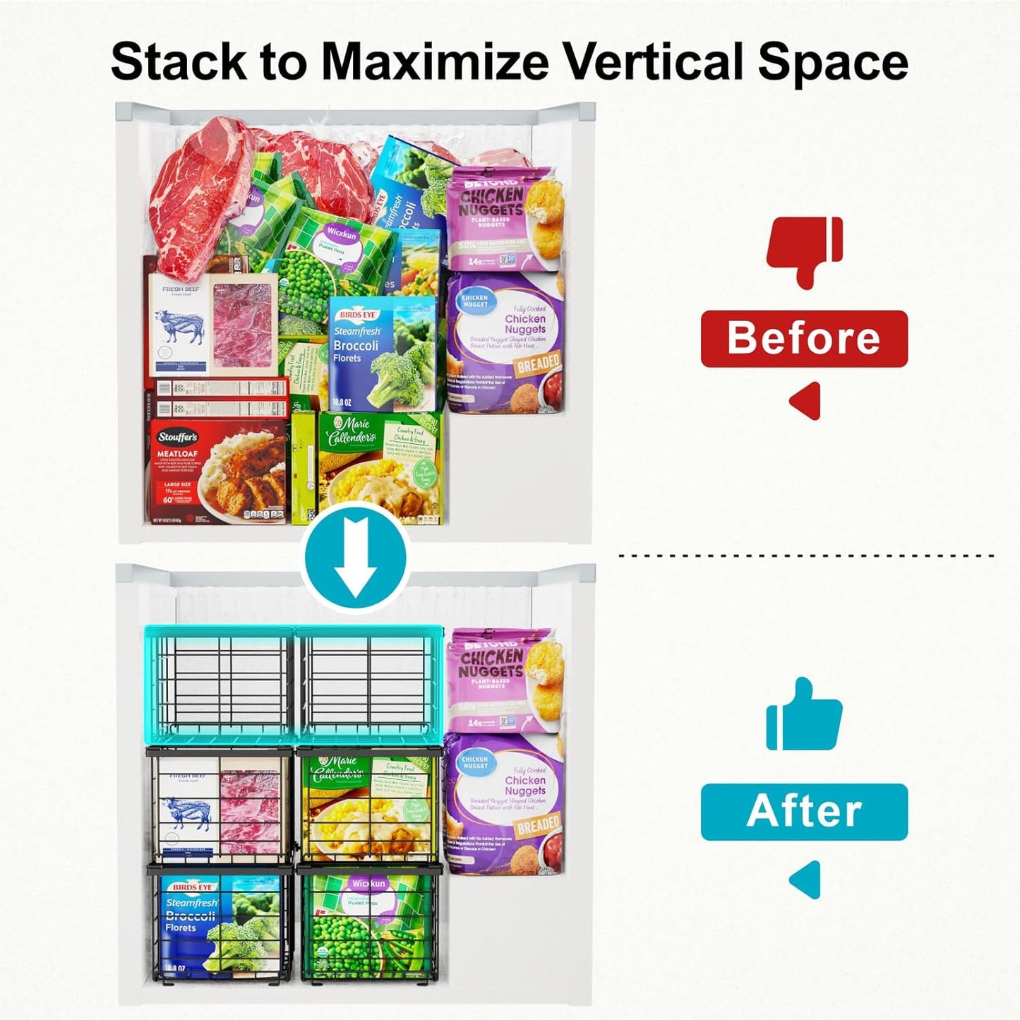 iSPECLE Freezer Organizer - 6 Pack Large Freezer Organizer Bins for 5 to 7 Cu.Ft Chest Freezer, Stackable Easy Access Food No More Digging, Sturdy Metal Wire Basket Not Scratch Bottom, Black