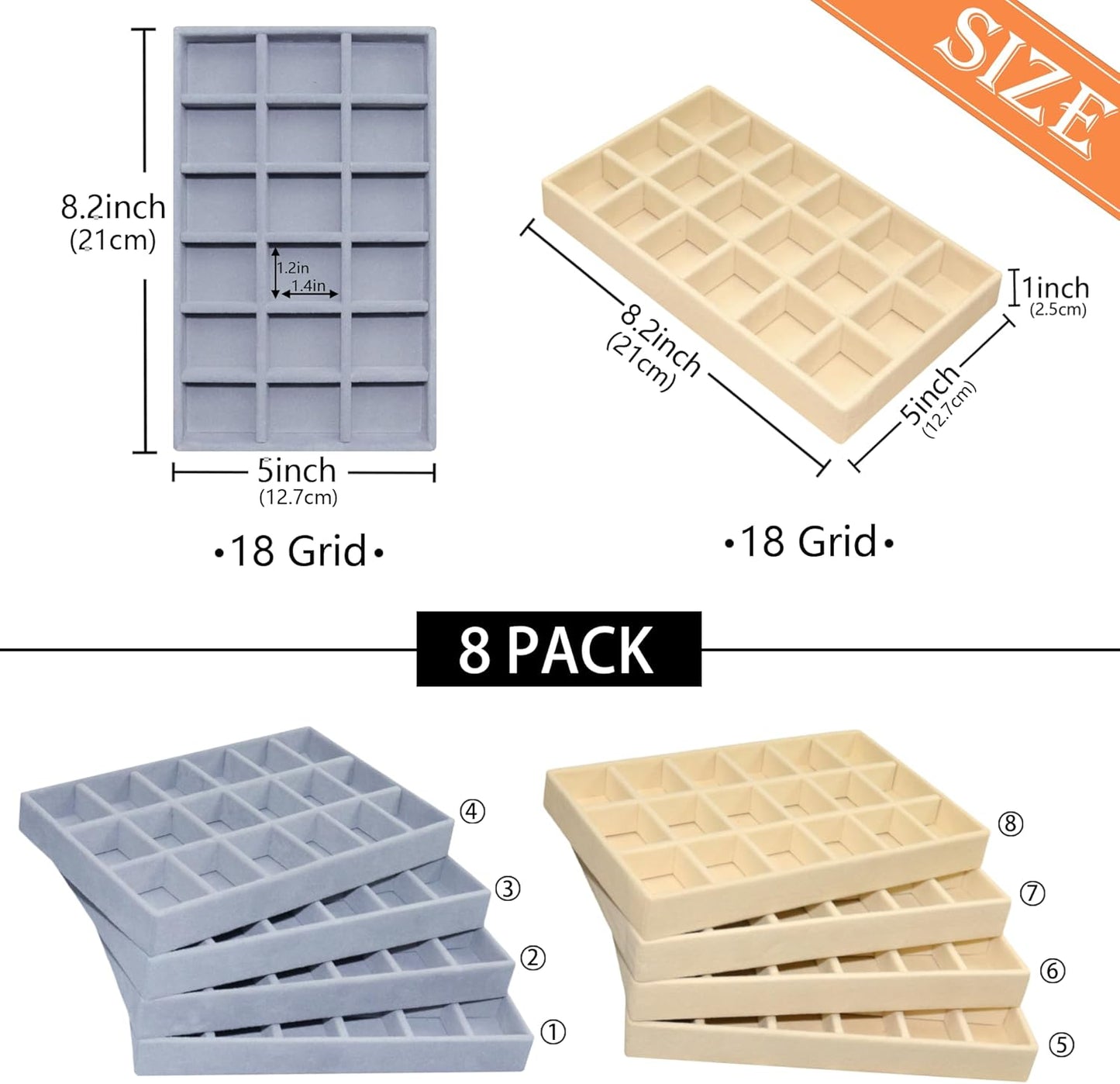 8 Pack Stackable Jewelry Organizer Tray Earring Holder Organizer Case Velvet Jewelrry Storage Drawer Insert Earring Stacking Trays for Dresser 144 Grids (4 Pack Beige,4 Pack Grey)