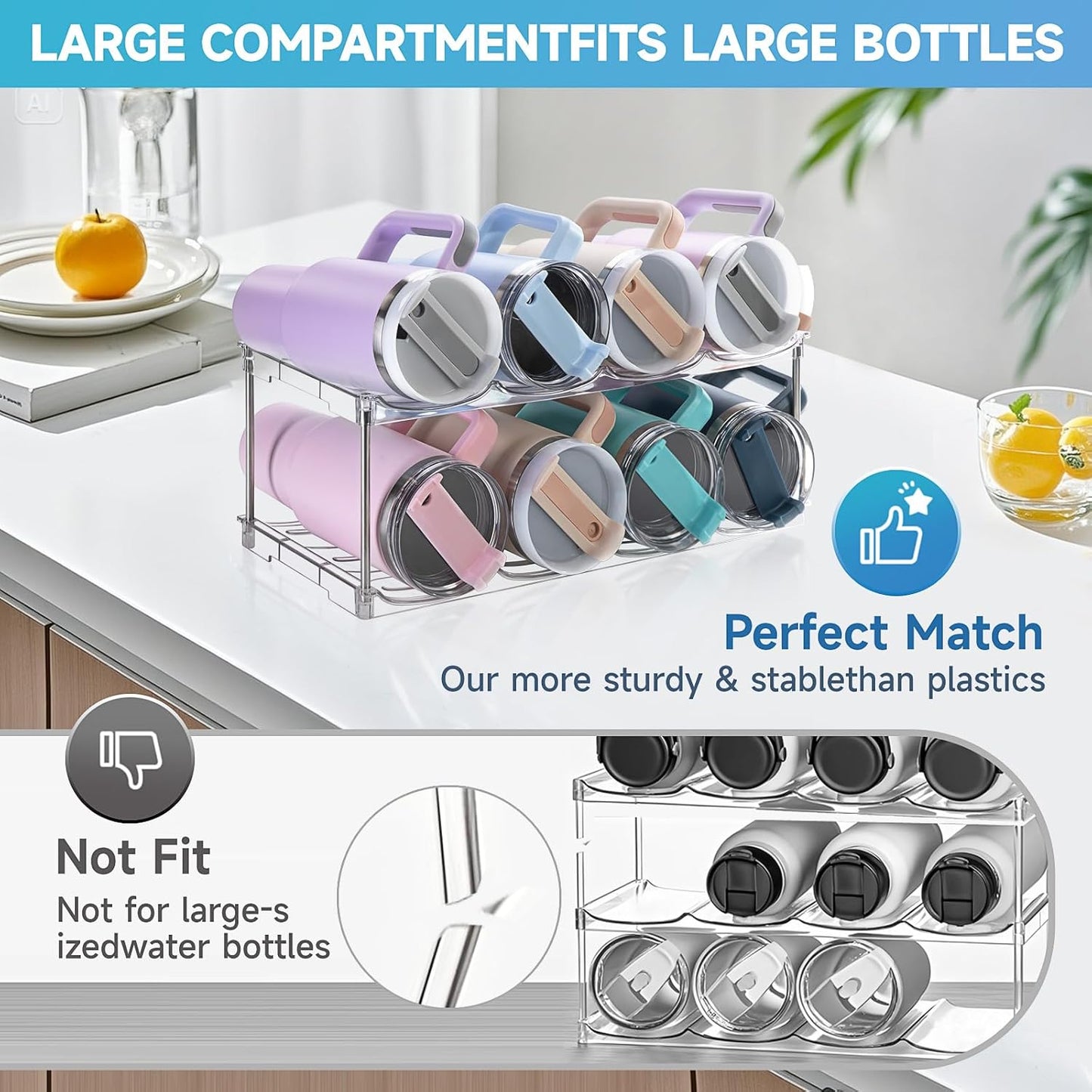 Larger Water Bottle Organizer for Stanley 40 oz Tumbler, Stackable Water Bottle Holder Rack for Cabinet, Kitchen Storage Organizer for for Stanley Cup Accessories, Tumbler Storage Holder，2 Pack