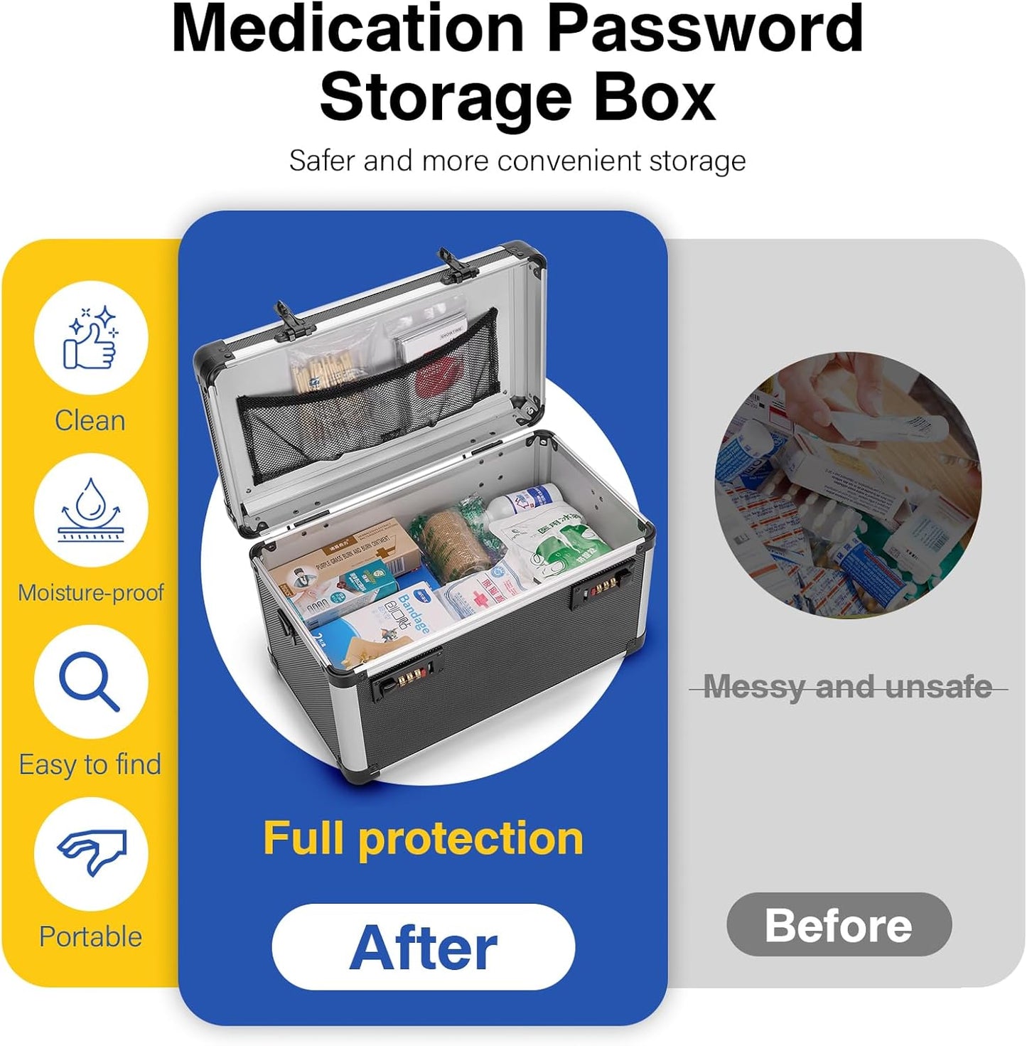 Medicine Lock Box with Combination Lock - 11.2 x 7.6 x 7.6 Inches - First Aid Safe Medication Storage Box, Medications and Personal Items, Safe Boxes for Home and Outdoor - Tactical Black