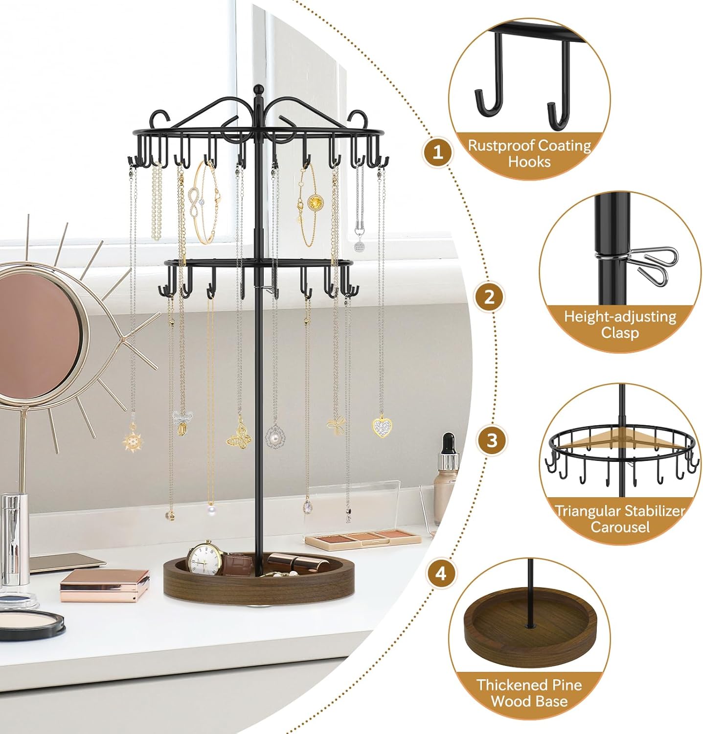 iDavosic.ly 2 Tier Rotating Necklace Holder Organizer with Wooden Jewelry Tray, Adjustable Metal Bracelet Display Stand with 42 Hooks, Extra Tall Keychain Spinning Tree Tower for Women, Black