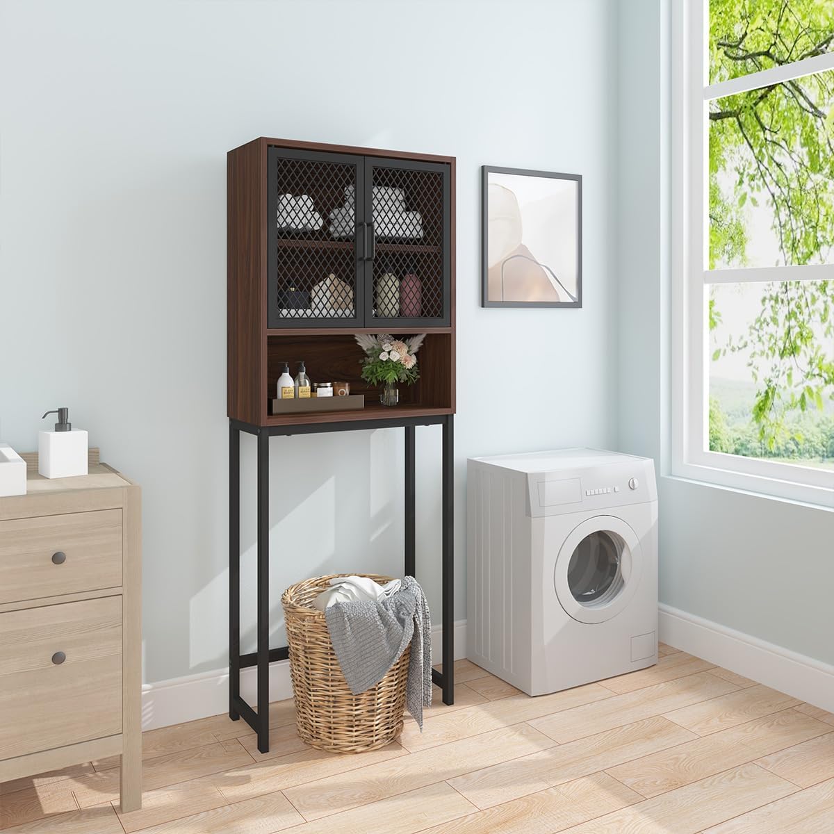 Launica Over The Toilet Storage Cabinet, Bathroom Organizer Over Toilet, Wood Metal Industrial Bathrooms Space Saver Shelf, Freestanding Bathrooms Cabinet Above Toilet wtih Rack, Walnut