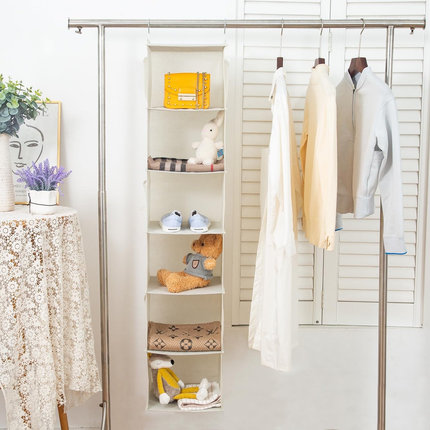 6 Shelves Hanging Closet Organizer, 2 Pack Hanging Storage with 4 Side Pockets for Clothes Shoes, 43.5"x12"x12"(Beige)