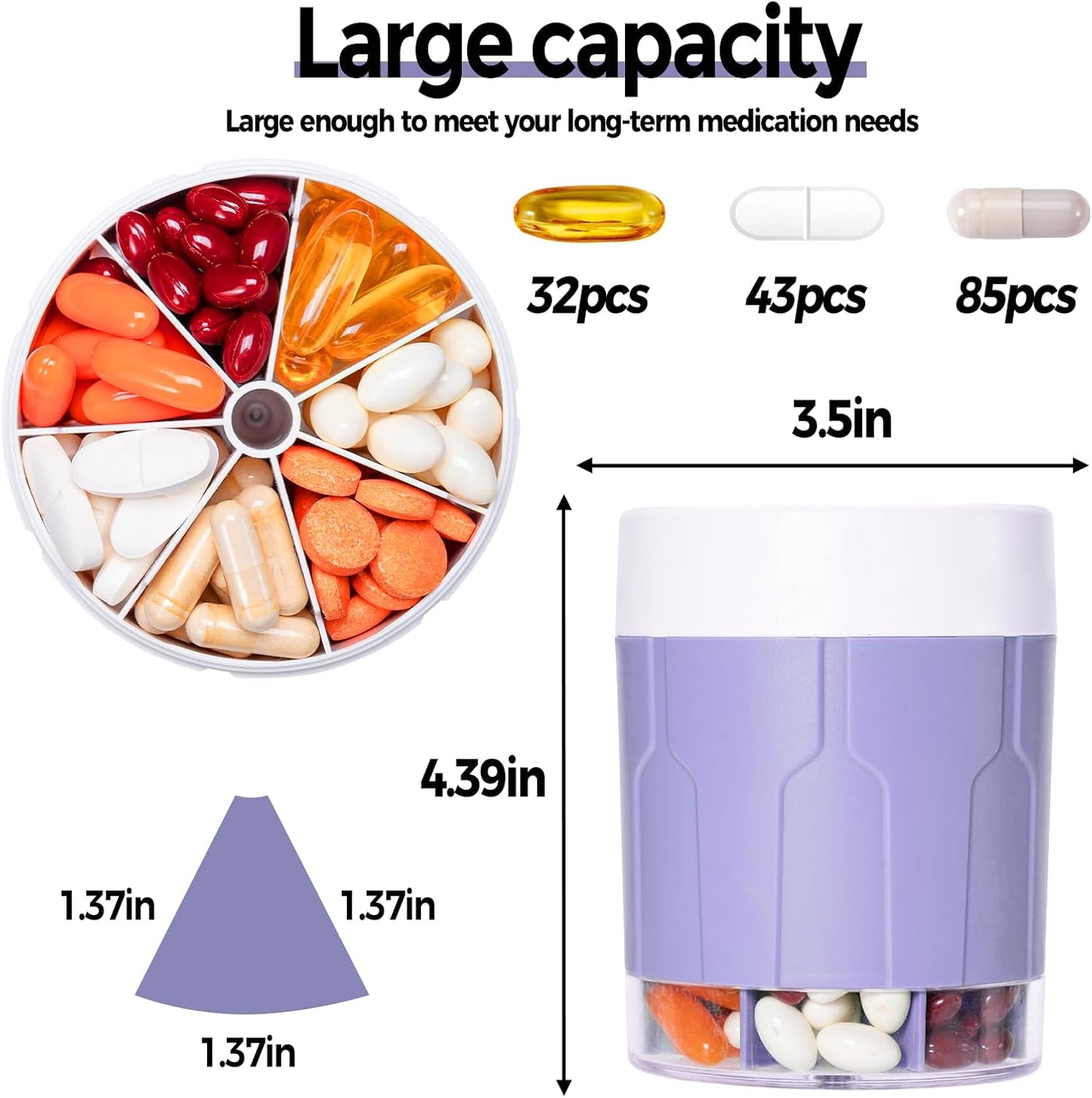 Betife Extra Large Supplement Organizer,Weekly Pill Organizer Bottle, Daily Pill Dispenser with 7 Large Compartments, Organizer to Hold 7 Day Vitamin Medication,21 labels and a cleaning brush (Purple)