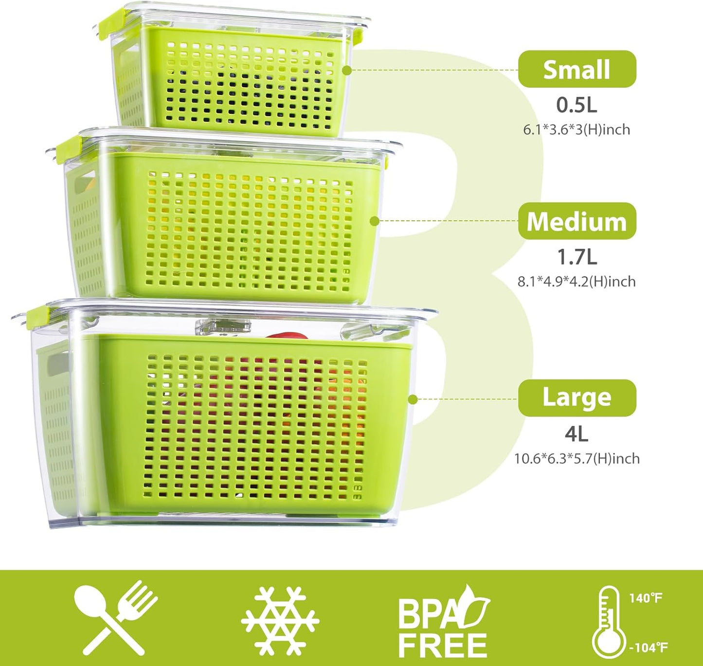LUXEAR Fresh Container, 3PACK Produce Saver Container BPA Free Fridge Organizer for Vegetable Fruit and Salad Partitioned Food Storage Container with Vents Stay Fresh Containers Not Dishwashers Safe