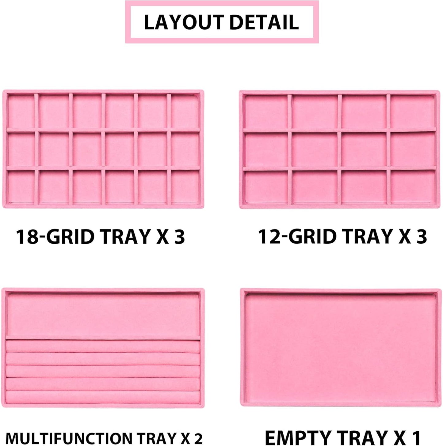 Frebeauty Jewelry Organizer Tray,Stackable Velvet Jewelry Trays,Drawer Inserts Earring Organizer For Women Jewelry Storage Display Case for Rings Stud Necklaces,8.3 x 4.9 x 1 Inches (Pink)