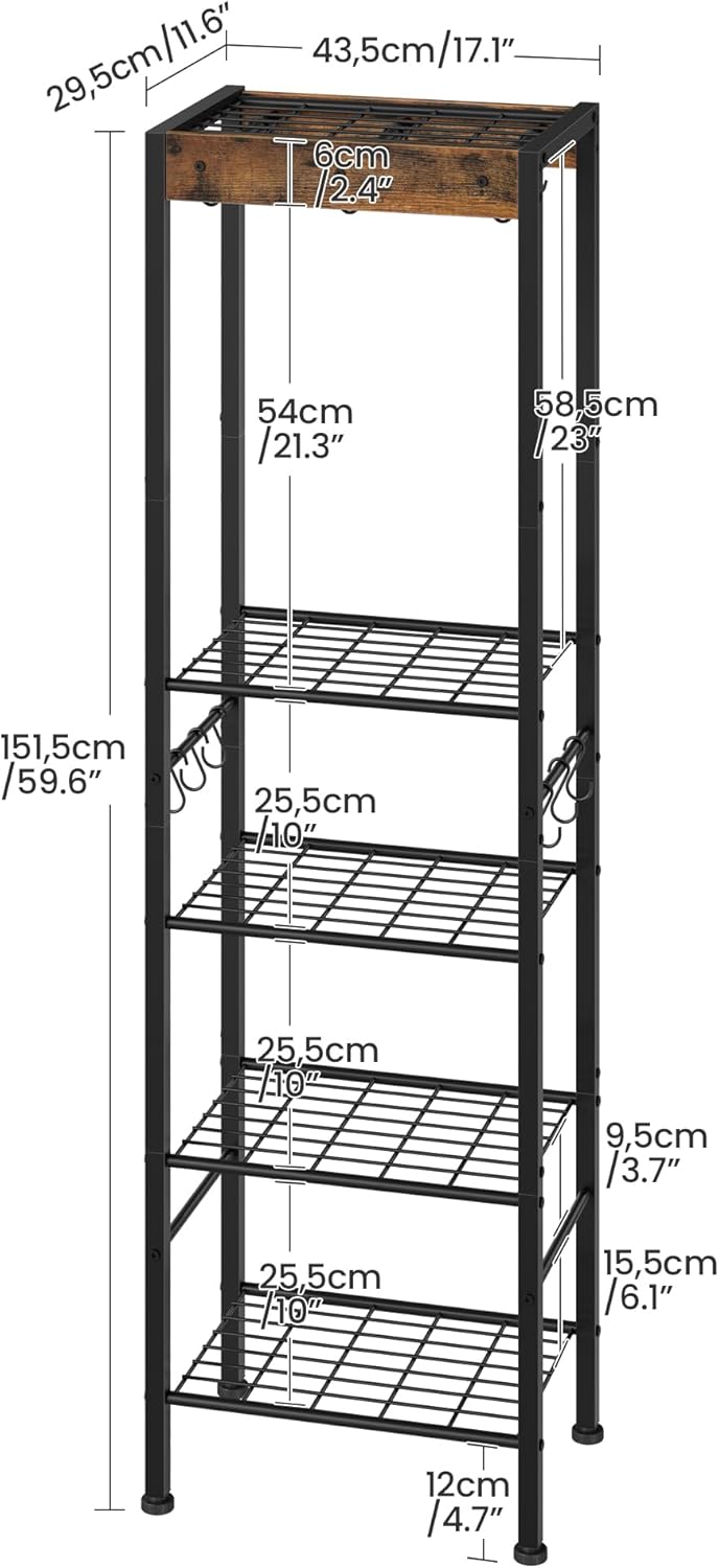 5-Tier Pot Rack, Floorstanding Pots and Pans Organizer, Kitchen Bakers Rack, Kitchen Island Table, Pots and Pans Organizer, Storage Stand, for Living Room, Rustic Brown and Black TPR16BF